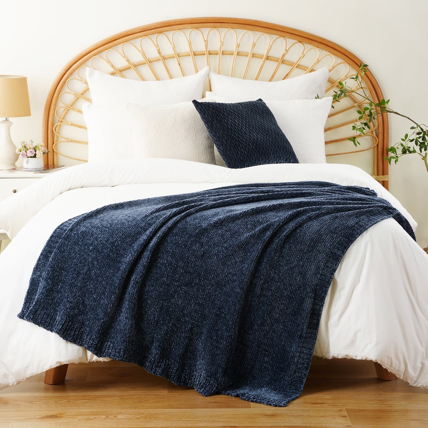 Decorative Knitted Navy Blue Chenille Throw for Couch Bed,Soft Navy Knit Blanket, Housewarming Gifts, 51"x 67" - Luxury Knitted Decorative Throw Blanket with Fringes Detail