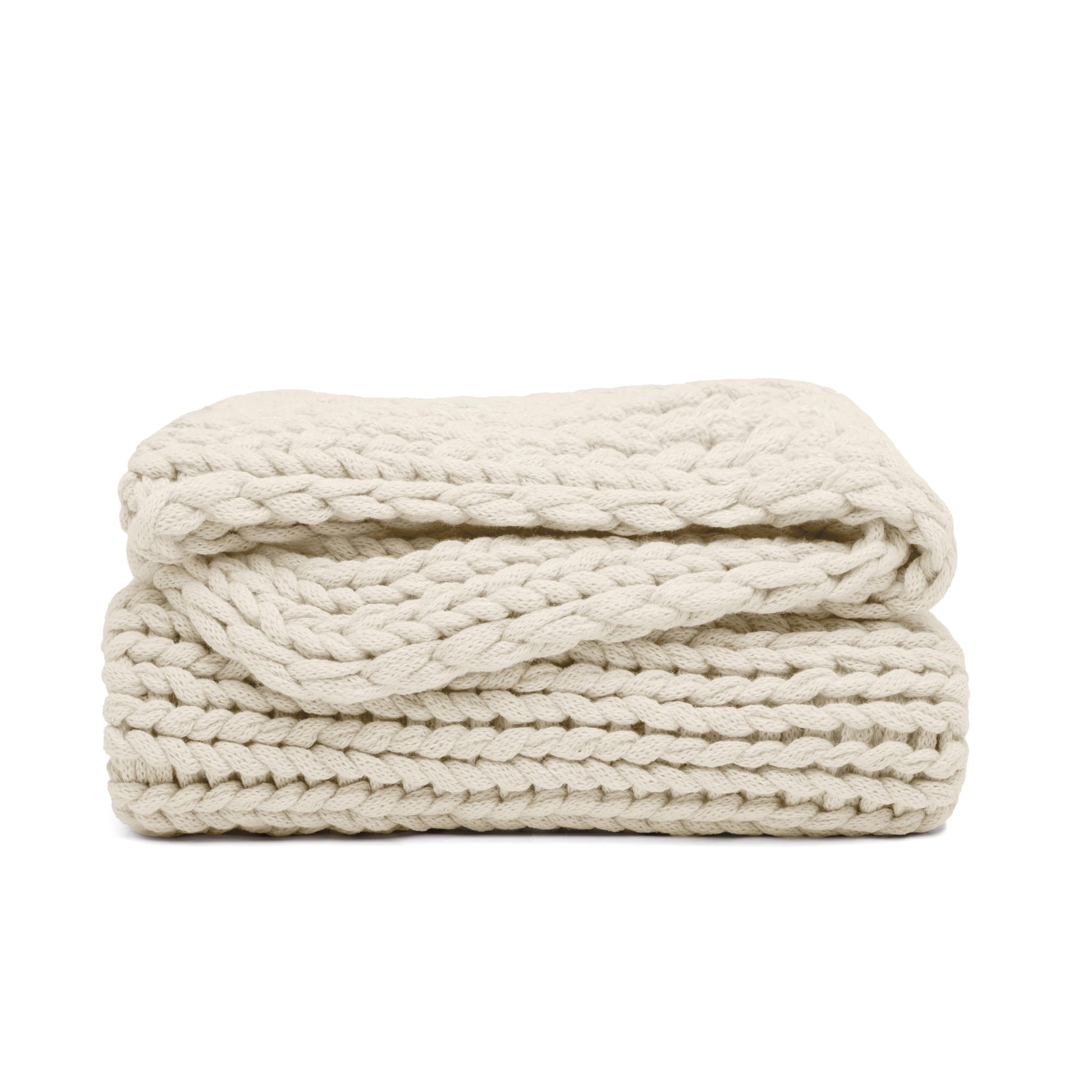 Reversible Sherpa Soft & Cozy Chunky Hand-Knit Throw Blanket, Ivory - Luxury Knitted Decorative Throw Blanket with Fringes Detail