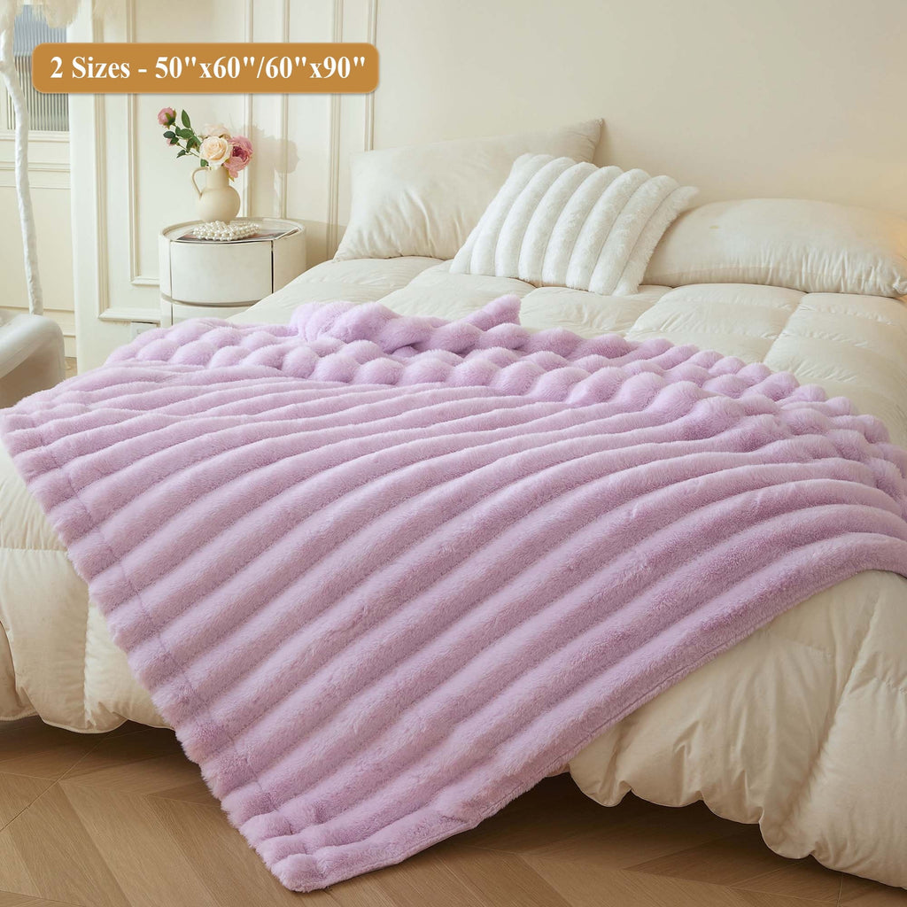 Decorative Knitted Fluffy Faux Rabbit Fur Throw, Cozy Wide Stripe Plush Fuzzy Blanket for Bed Couch Sofa Chair, Light Purple Shaggy Thro... - Luxury Knitted Decorative Throw Blanket with Fringes Detail