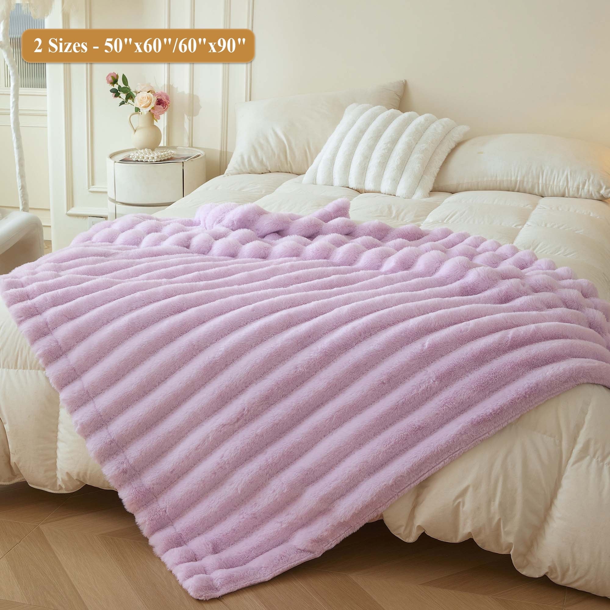 Decorative Knitted Fluffy Faux Rabbit Fur Throw, Cozy Wide Stripe Plush Fuzzy Blanket for Bed Couch Sofa Chair, Light Purple Shaggy Thro... - Luxury Knitted Decorative Throw Blanket with Fringes Detail