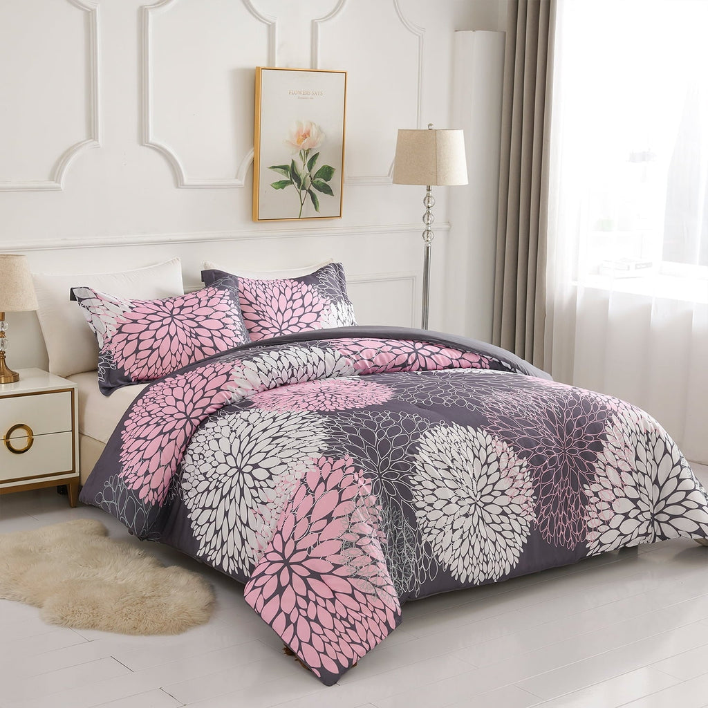Fluffy Down Alternative 2 Pieces Pink Floral Comforter Set Twin Size, Botanical Bedding Sets with Cute Flowers Printing for Teen Girls - Hypoallergenic Ultra-Fluffy Quilt for Winter Detail