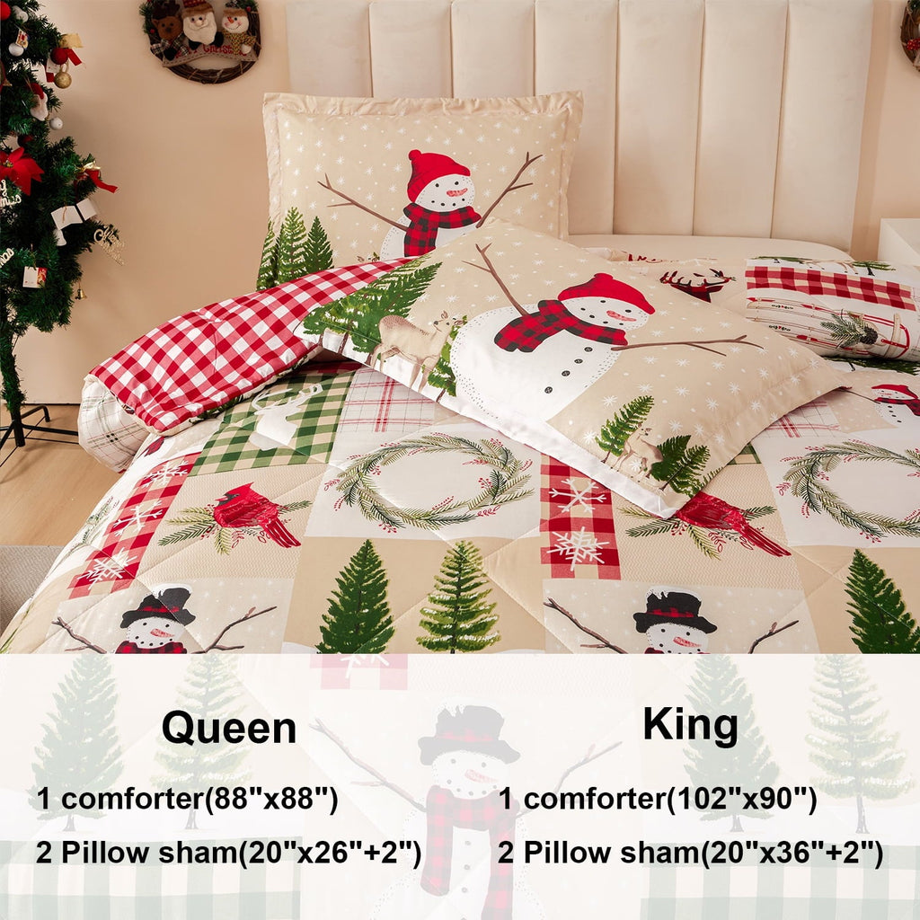 Heavyweight Warmth 3 Pcs Christmas Comforter Set, Bed in a Bag Wreath Snowman Queen/Full Size Xmas Bedding Set Fitted Pillowcases for Adult - Luxurious Quilted Duvet Cover Set Detail