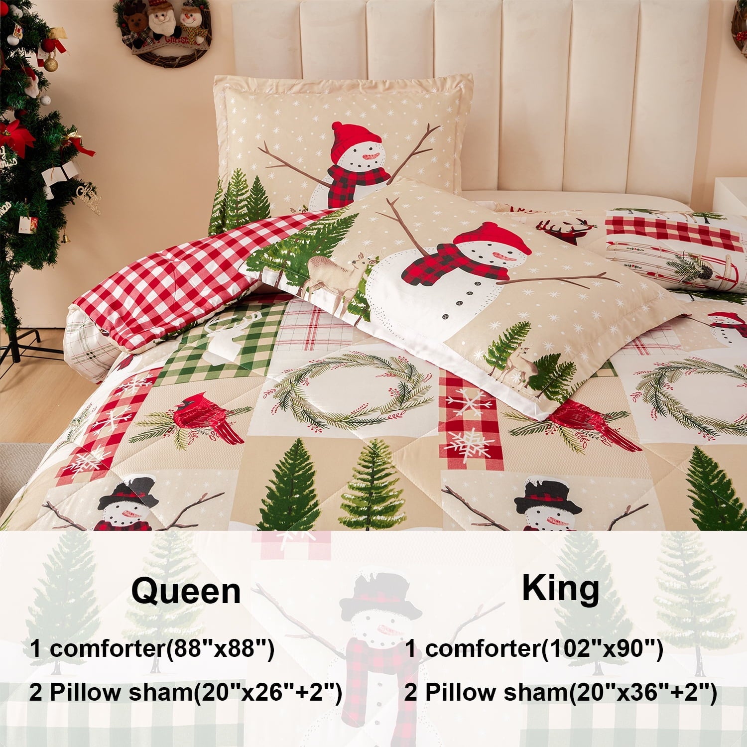 Heavyweight Warmth 3 Pcs Christmas Comforter Set, Bed in a Bag Wreath Snowman Queen/Full Size Xmas Bedding Set Fitted Pillowcases for Adult - Luxurious Quilted Duvet Cover Set Detail