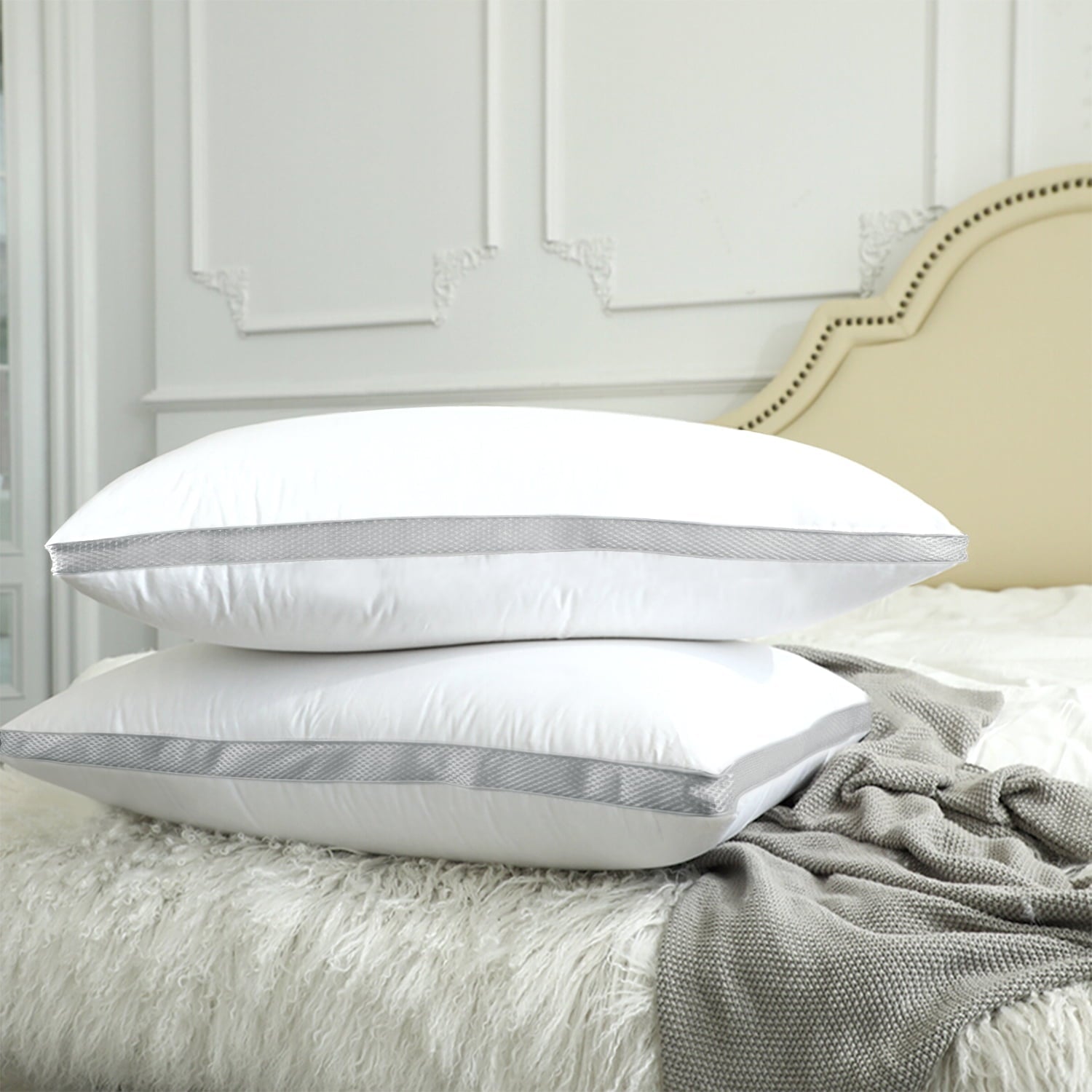 Hotel Collection Down Alternative Bed Pillow with Cotton Cover and Gusset, 2 Pack, Queen, 20"x26" - Decorative Throw Pillow Cushion for Sofa & Bed Detail