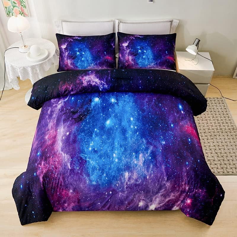 Luxurious Quilted Galaxy Comforter Set Outer Space Purple Starry Sky Night Pattern Bedding Set for Girls Boys Kids Teens Twin Size with... - Luxurious Quilted Duvet Cover Set Detail