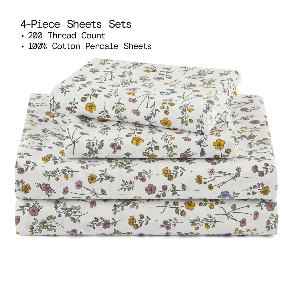 Ultra-Soft Botanical 4-Piece 100% Cotton Washed Percale White Sheet Set, Queen - Cooling Hotel Quality Bedding Sheets and Pillowcases Detail
