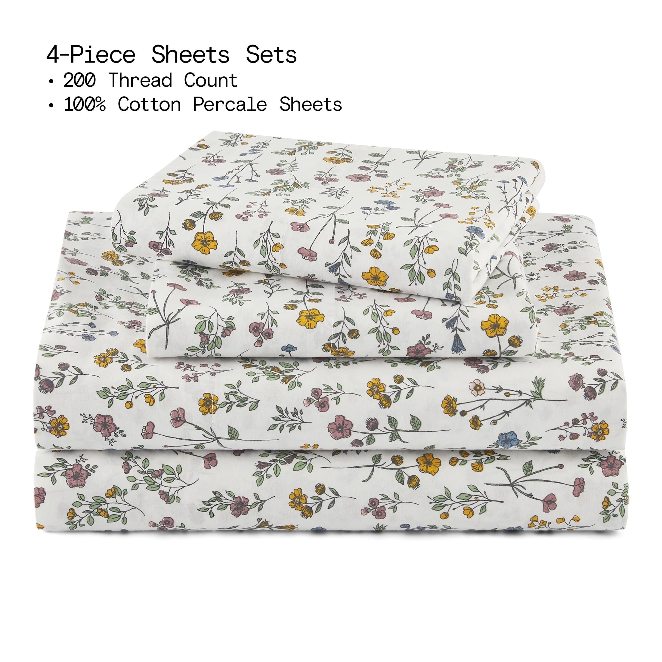 Ultra-Soft Botanical 4-Piece 100% Cotton Washed Percale White Sheet Set, Queen - Cooling Hotel Quality Bedding Sheets and Pillowcases Detail