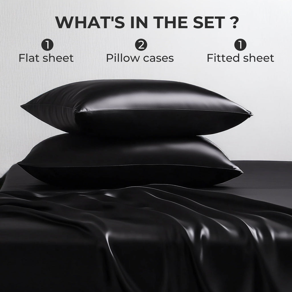 Cooling Sateen Queen Silk Black Bed Sheet Set,4 Pieces 1800 Microfiber 2 Pillowcase 20"x30" - Premium Ultra-Soft Pillowcase Pair for Sleeping Detail