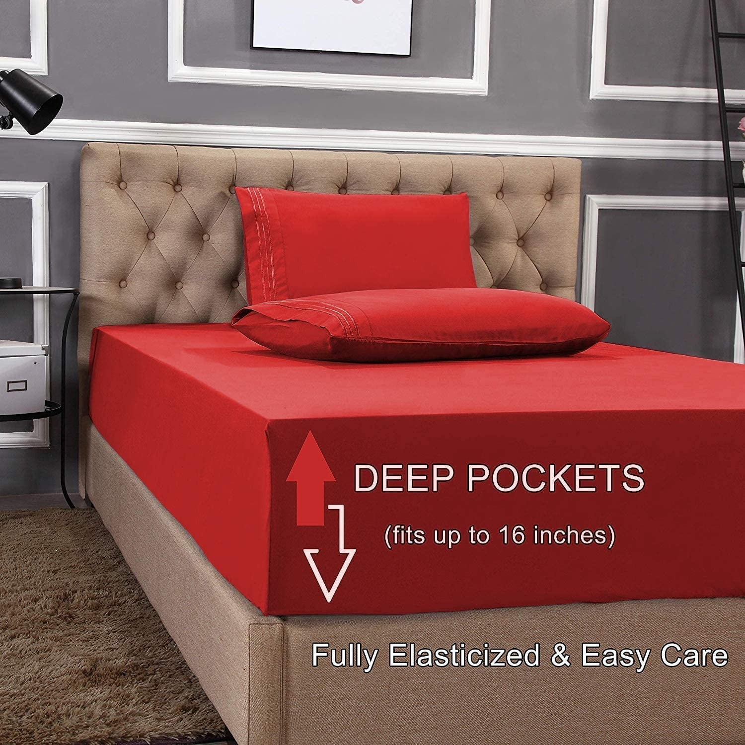 Premium Egyptian Cotton 1800 Series Microfiber Bed Sheets 6-Piece Set, Deep Pocket, Queen Black - Luxury Bed Sheet Set with Deep Pockets Detail