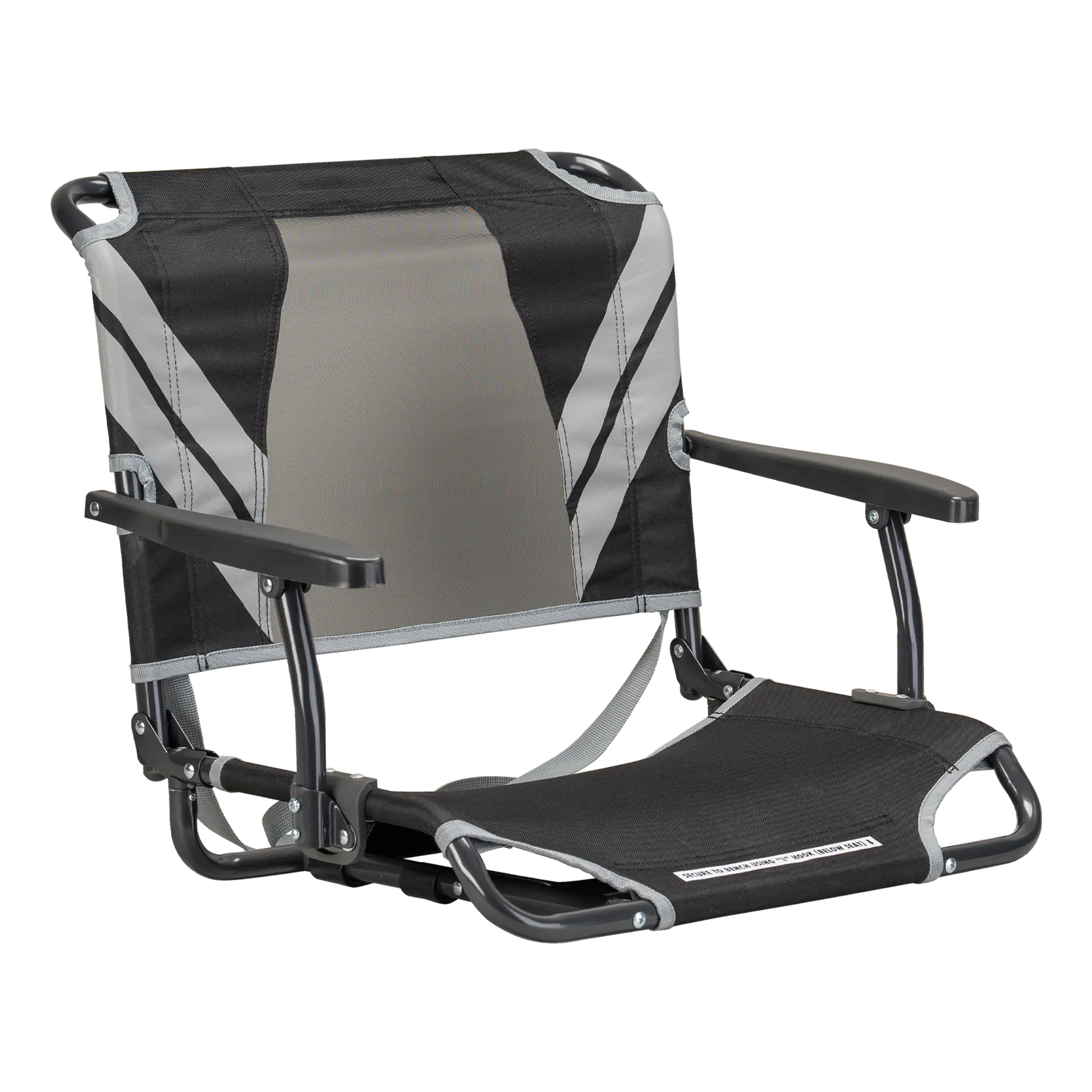 Secure-Hook Big Comfort Stadium Chair with Armrests - Choice 465 - Grandstand Cushion Seat with Secure Under-Bench Hooks - Black/Gray