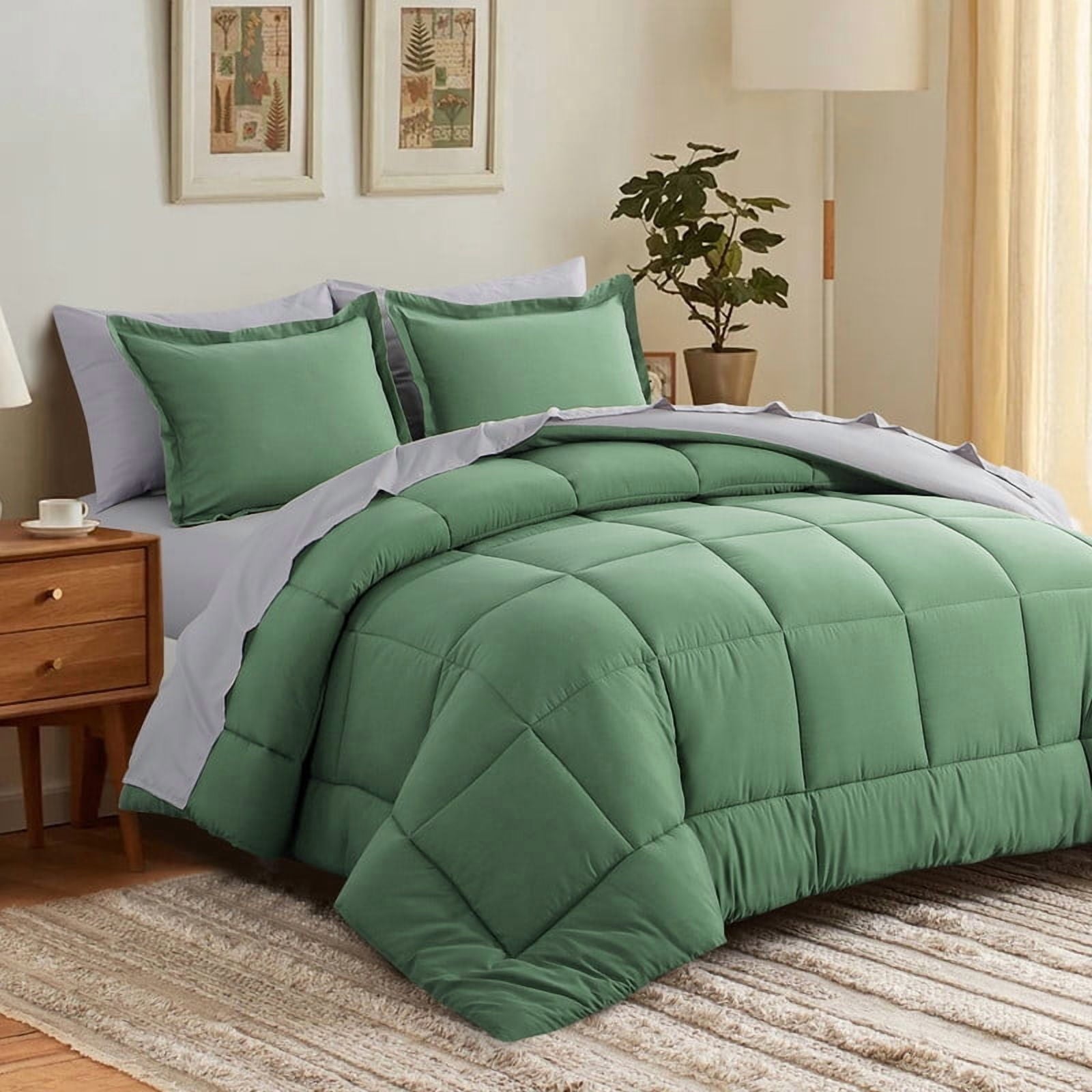 Heavyweight Warmth Grass Green/Grey Queen Size Comforter Set,3-Pieces Reversible Comforter Set Soft and Lightweight,All Season Down Alte... - Hypoallergenic Ultra-Fluffy Quilt for Winter Detail