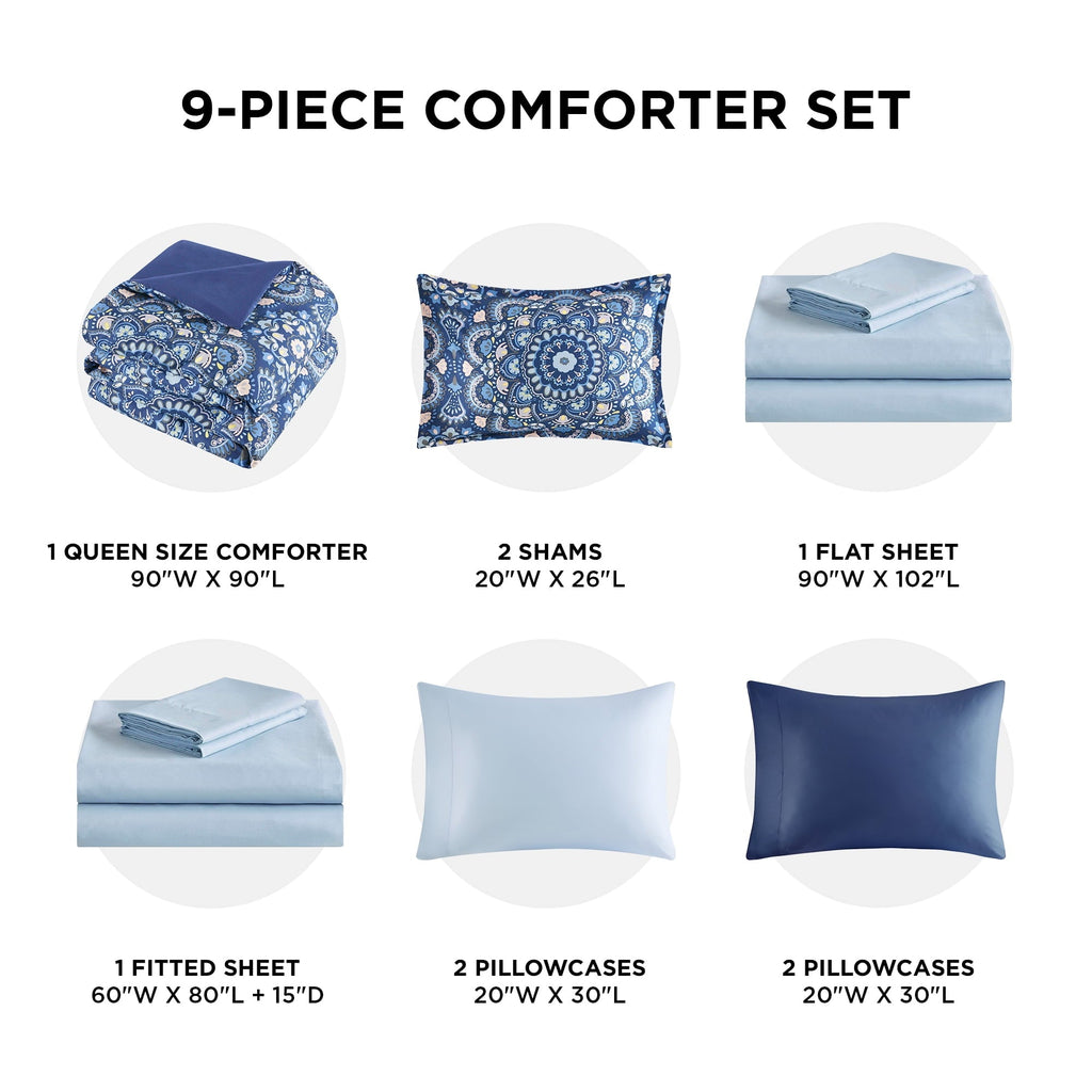 All-Season Queen Size Comforter Set, 9-Piece Bed in a Bag Queen, Navy Blue Bedding Comforter Set with Comforter, Flat Sheets, Fi... - Cloud-Like Soft Lightweight Bed Comforter Detail