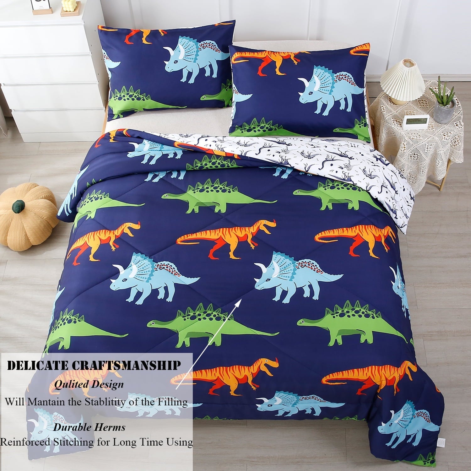 Fluffy Down Alternative 3 Pcs Dinosaur Twin Size Bedding Sets for Boys, Dinosaur Printing Boys Comforter Set, Blue and White Reversible Bed C... - Luxurious Quilted Duvet Cover Set Detail