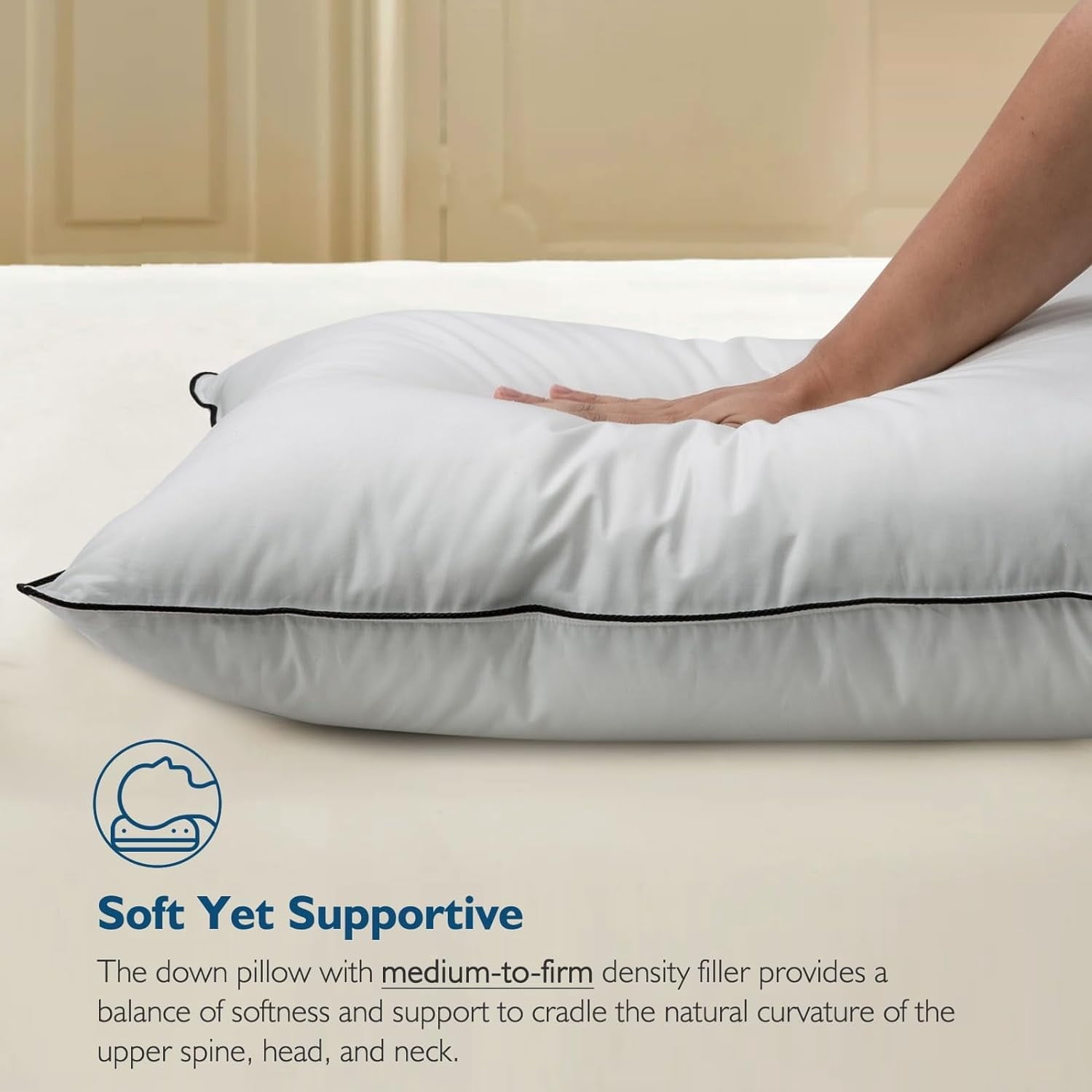 Hotel Collection Hypoallergenic 3‑Chamber Goose Feather Down Core Bed Pillows, Standard Size Set of 2, With Microfiber Surround, Soft-... - Hotel Quality Plush Sleeping Pillows Detail