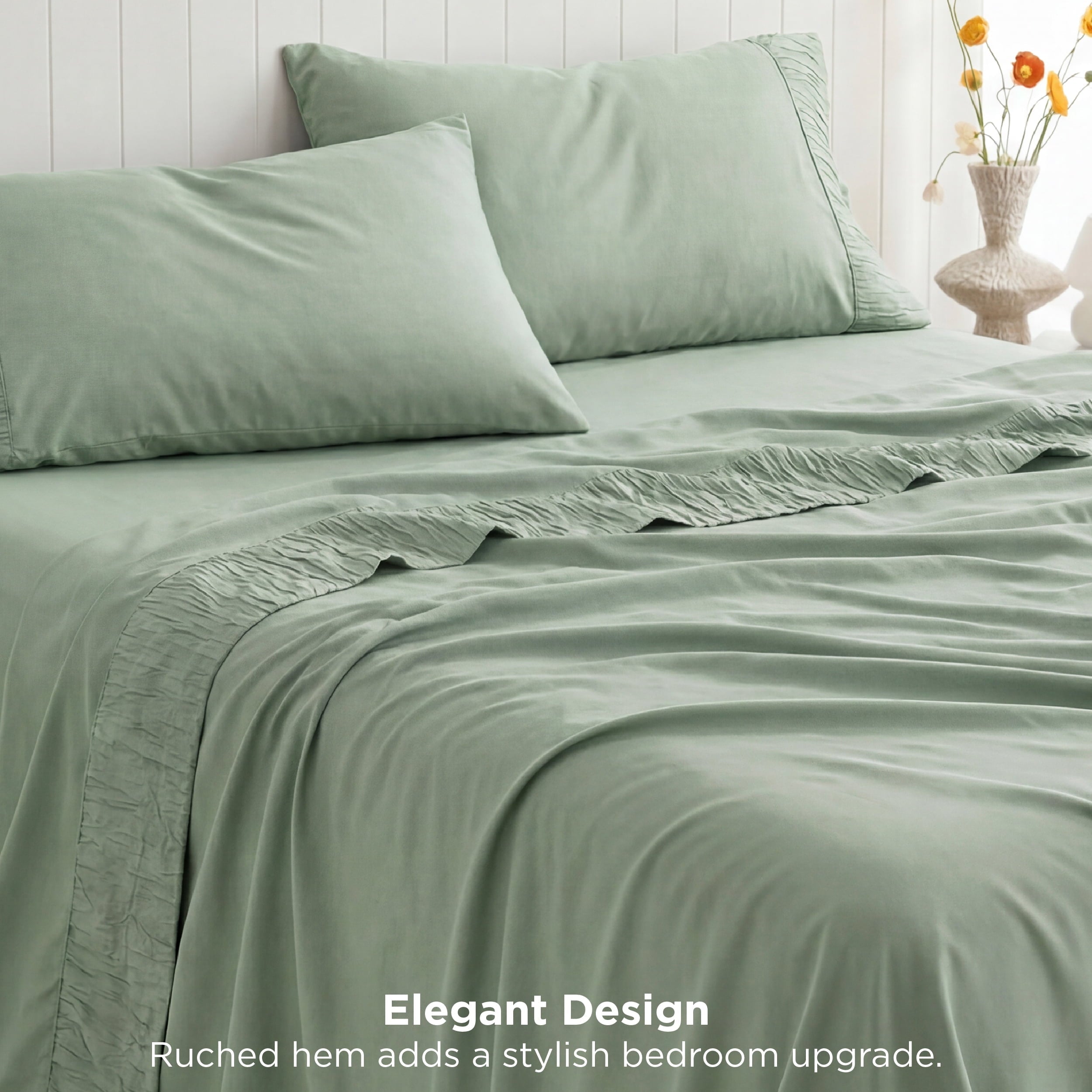 Premium Egyptian Cotton Queen Sheets Set, 4 Pieces Deep Pockets Cooling Soft Polyester Microfiber Bed Sheets Set, Sea Foam Green - Breathable Egyptian Cotton Flat & Fitted Sheets Detail