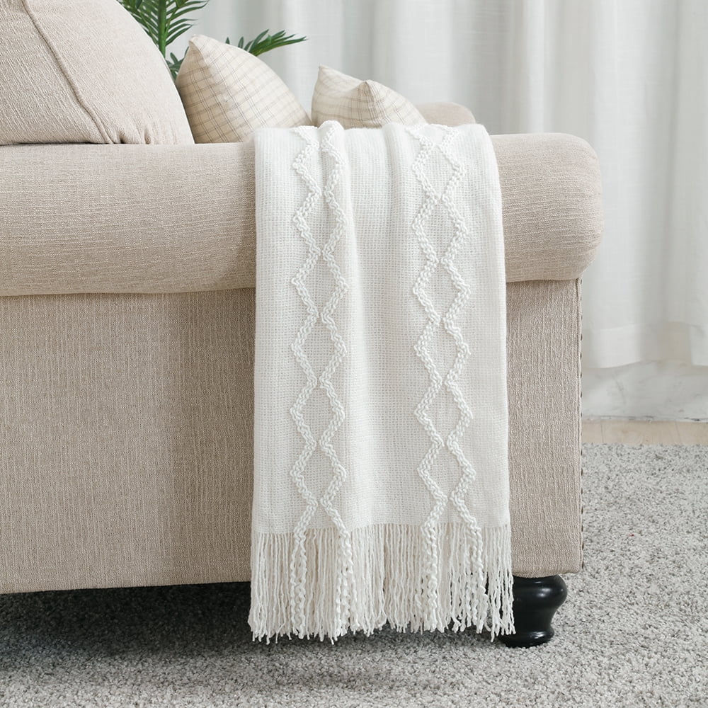 Super Soft Flannel Fluffy Chenille Knitted Fringe Throw Blanket, Lightweight Soft Cozy Bed Sofa Chair Blanket, White, 50" x 60" - Luxury Knitted Decorative Throw Blanket with Fringes Detail