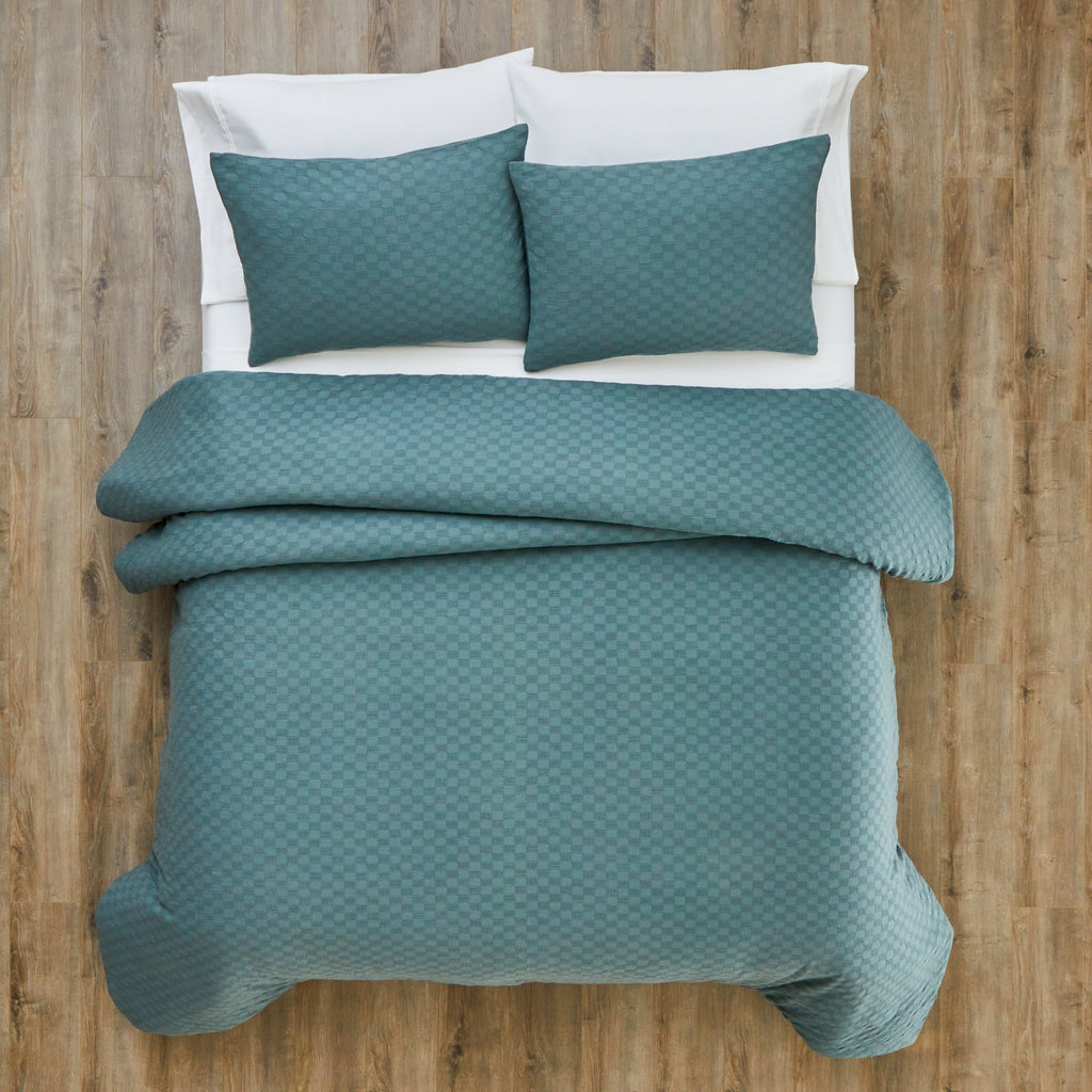 All-Season Full/Queen Comforter Set, All-Season, 3-Piece, Nimbus Blue Block Weave - Luxurious Quilted Duvet Cover Set Detail
