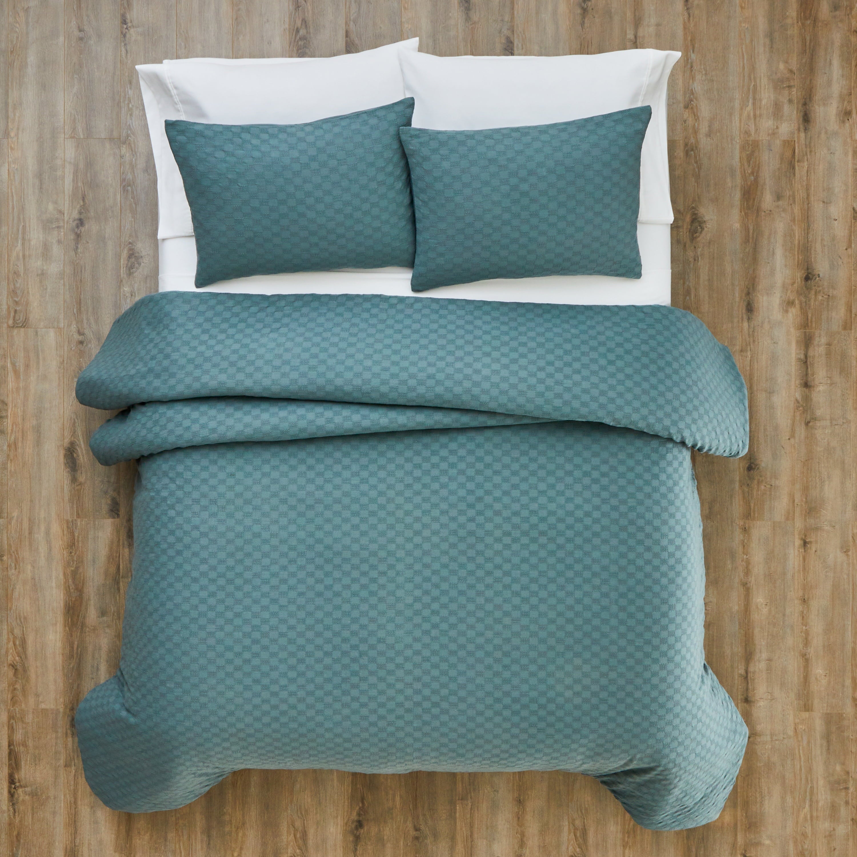 All-Season Full/Queen Comforter Set, All-Season, 3-Piece, Nimbus Blue Block Weave - Luxurious Quilted Duvet Cover Set Detail