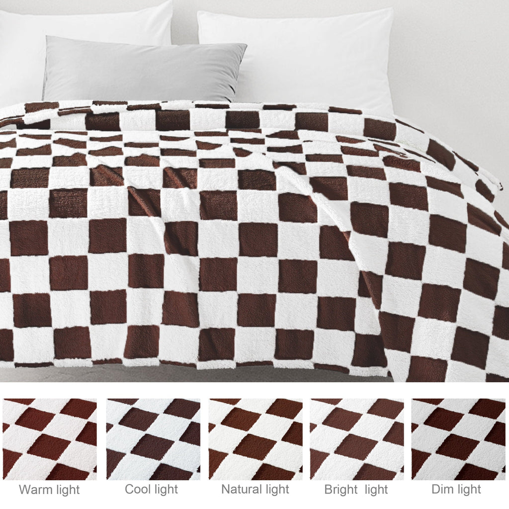 Cozy Fleece Checkered Throw Blanket, Super Soft and Warm Fluffy Fleece Blanket for Couch, Sofa, Bed, Cute Plaid Pattern, Coffee, ... - Lightweight Plush Warm Blanket for All Seasons Detail