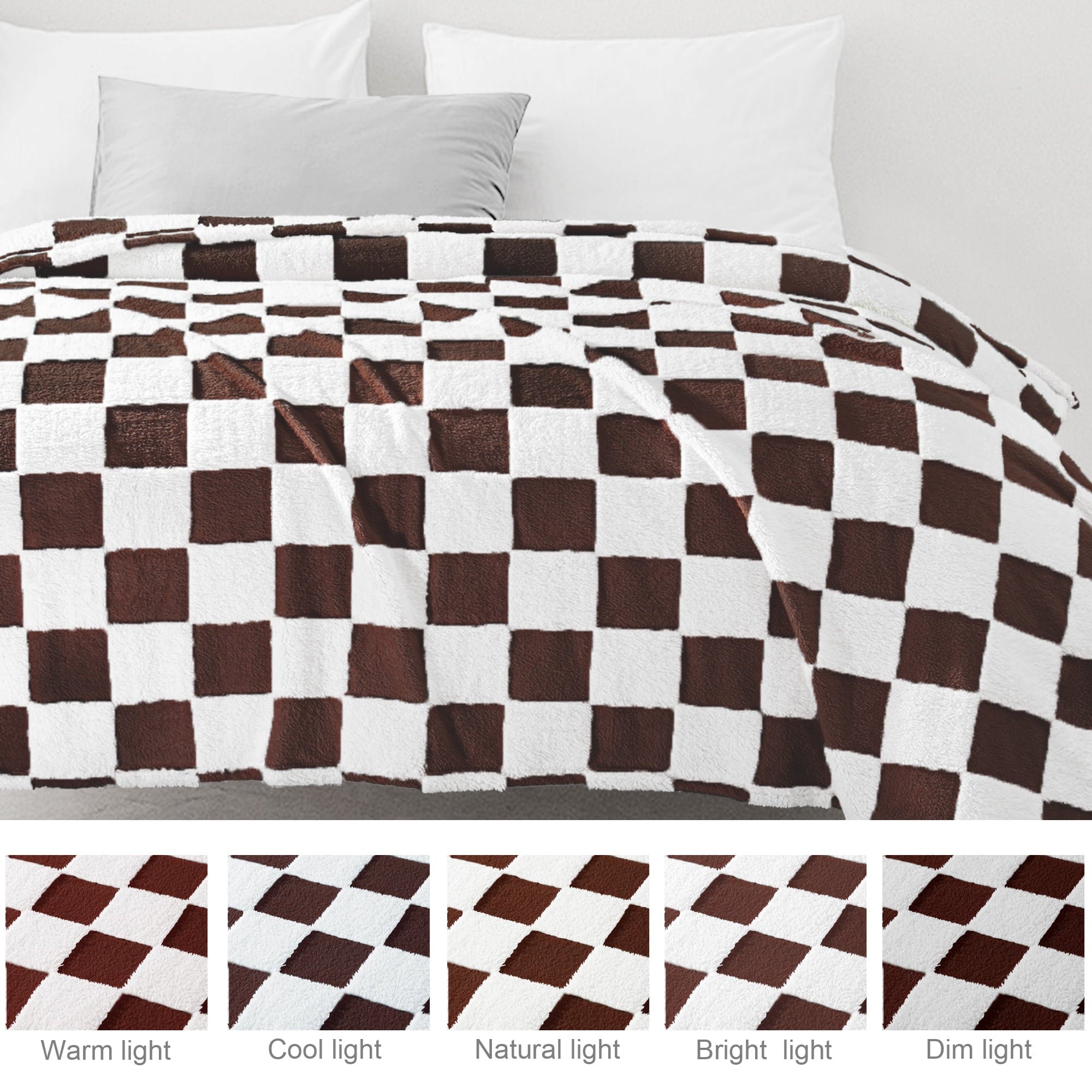 Cozy Fleece Checkered Throw Blanket, Super Soft and Warm Fluffy Fleece Blanket for Couch, Sofa, Bed, Cute Plaid Pattern, Coffee, ... - Lightweight Plush Warm Blanket for All Seasons Detail