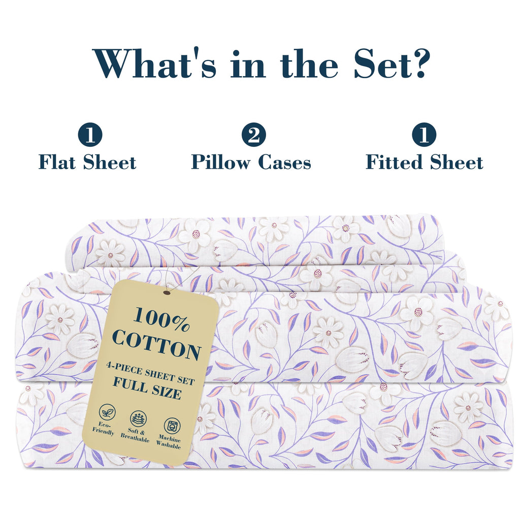 Cooling Sateen 100% Cotton Full Size Sheets,4 Piece Pure Percale Bed Sheets Set Deep Pocket Fits Mattress Upto 15",floral vine pattern - Breathable Egyptian Cotton Flat & Fitted Sheets Detail