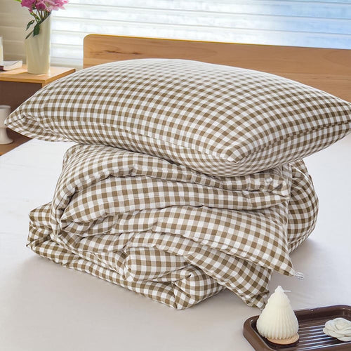 All-Season Tan Gingham Queen Comforter Set, Taupe Plaid Bedding Set, Checked Bed Comforter 3 Pieces(Tan Gingham, Queen) - All-Season Down Alternative Comforter Insert Detail