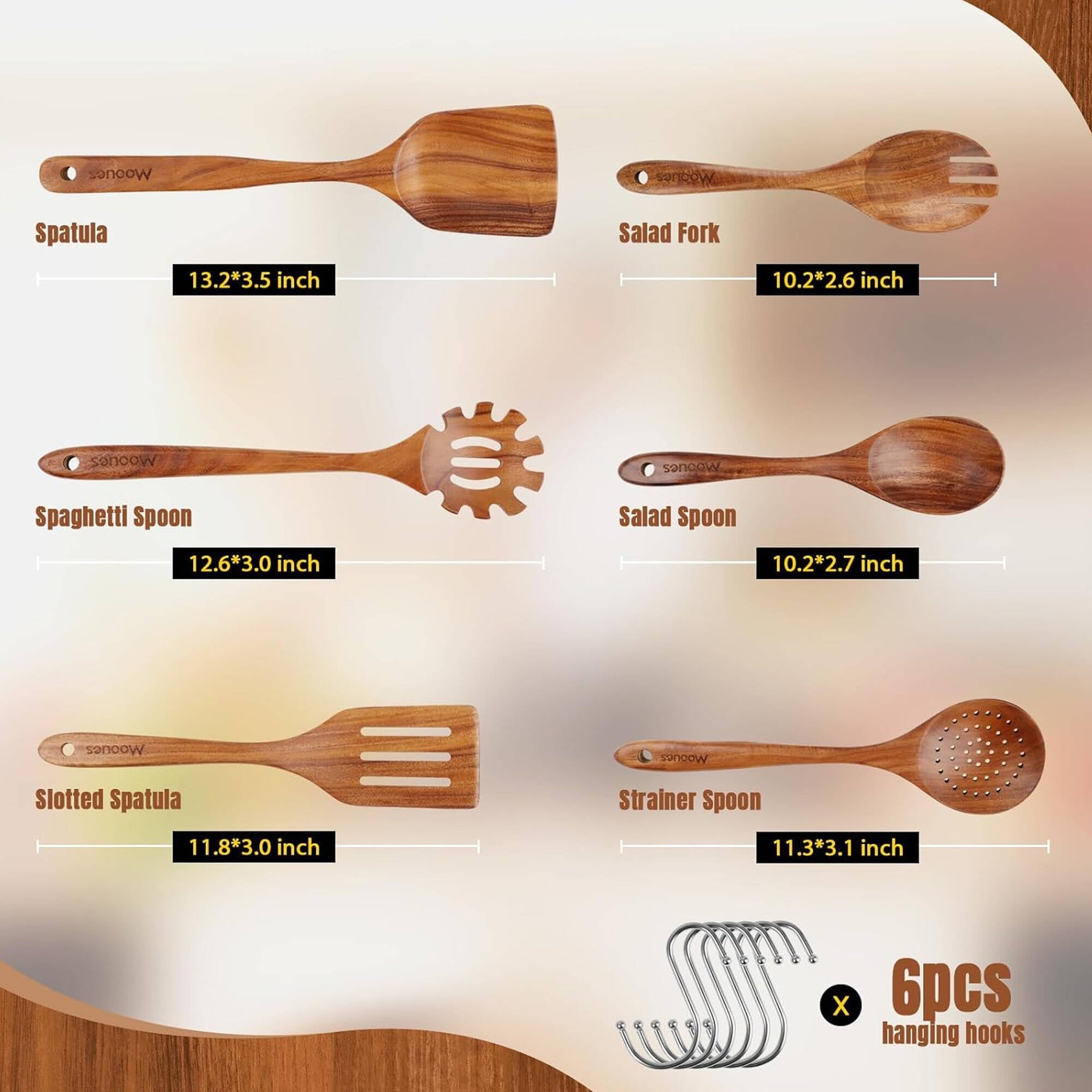 Non-Stick Safe 6-Piece Natural Teak Wooden Spoons for Cooking With 10 Hooks，Handcrafted Kitchen Utensils Set ，Ideal Gift Set - Ergonomic Kitchen Tongs and Cooking Spoon Utensil Detail