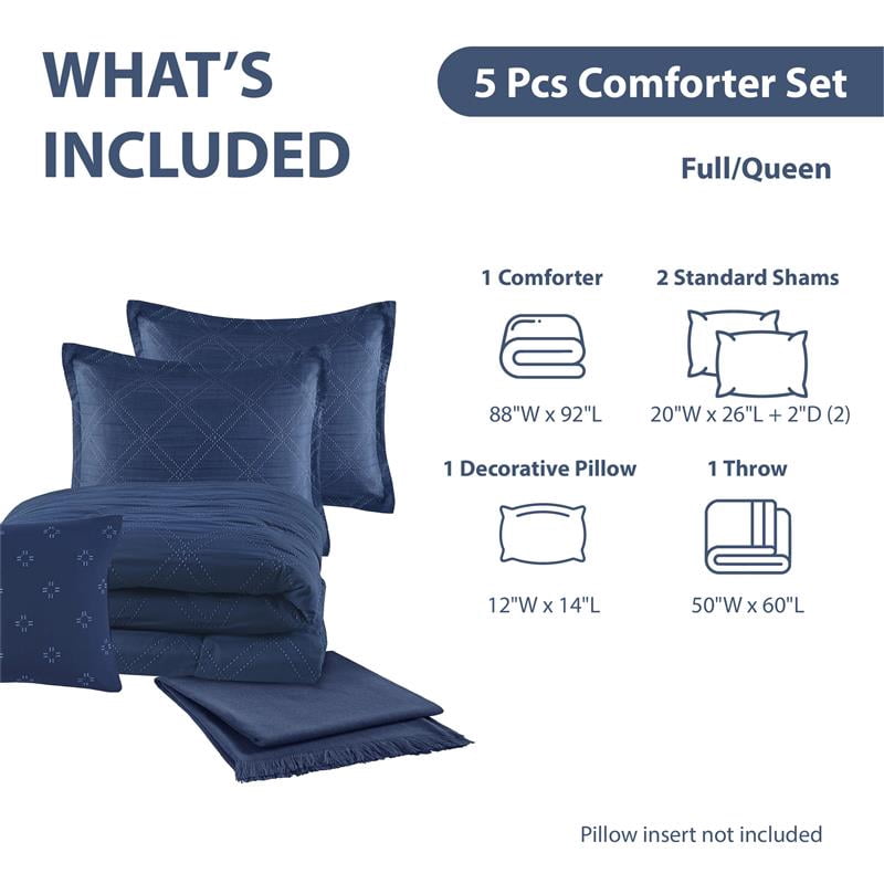 Luxurious Quilted 5-Piece Reversible Comforter Set Navy Cross Stitch Bedding with Decor Pillow and Throw, Full/Queen - Hypoallergenic Ultra-Fluffy Quilt for Winter Detail