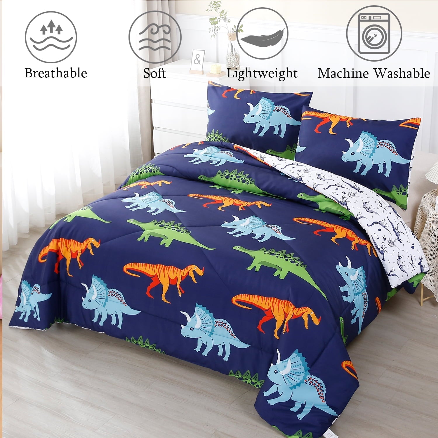 Fluffy Down Alternative 3 Pcs Dinosaur Twin Size Bedding Sets for Boys, Dinosaur Printing Boys Comforter Set, Blue and White Reversible Bed C... - Luxurious Quilted Duvet Cover Set Detail