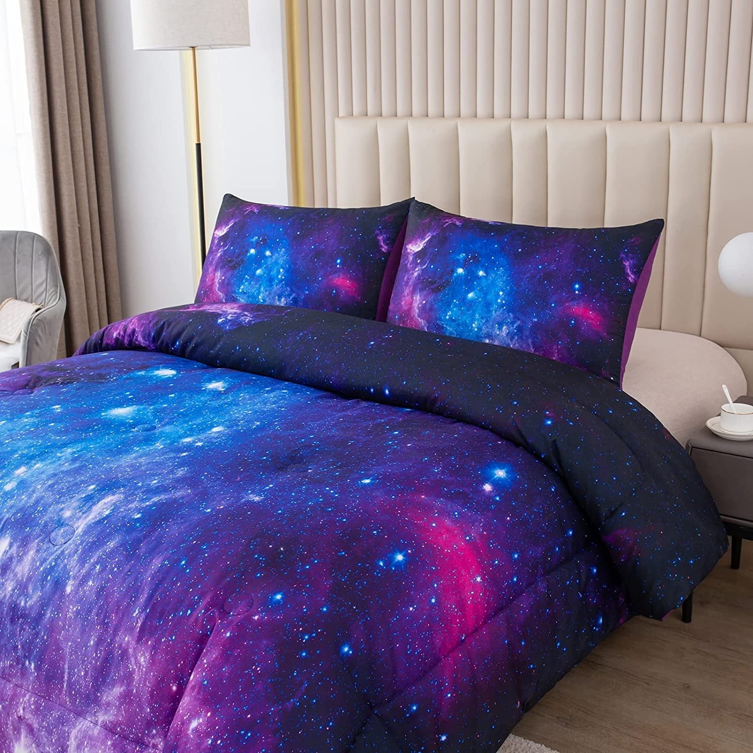 Luxurious Quilted Galaxy Comforter Set Outer Space Purple Starry Sky Night Pattern Bedding Set for Girls Boys Kids Teens Twin Size with... - Luxurious Quilted Duvet Cover Set Detail