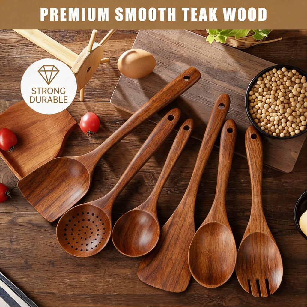 Heat-Resistant Wooden Spoons for Cooking, 6 PCS Teak Wood Cooking Utensil Set, Wooden Kitchen Utensils for Nonstick Pans & Cookware,... - Premium Stainless Steel Cooking Utensil for Non-Stick Pots Detail