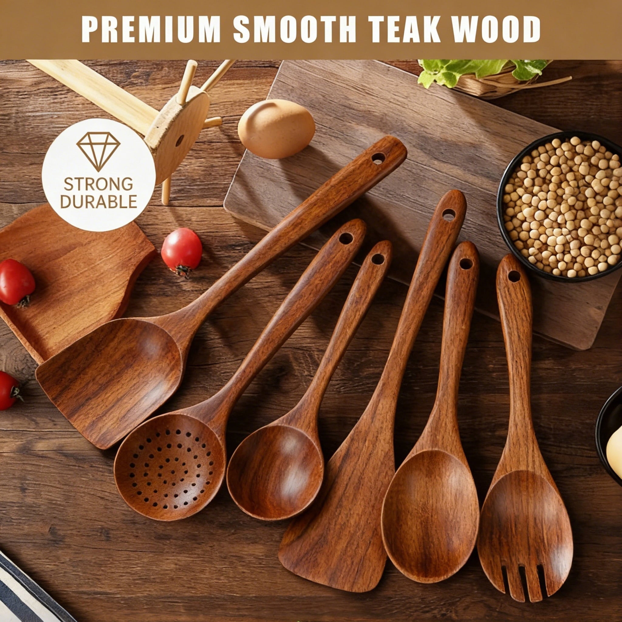Heat-Resistant Wooden Spoons for Cooking, 6 PCS Teak Wood Cooking Utensil Set, Wooden Kitchen Utensils for Nonstick Pans & Cookware,... - Premium Stainless Steel Cooking Utensil for Non-Stick Pots Detail