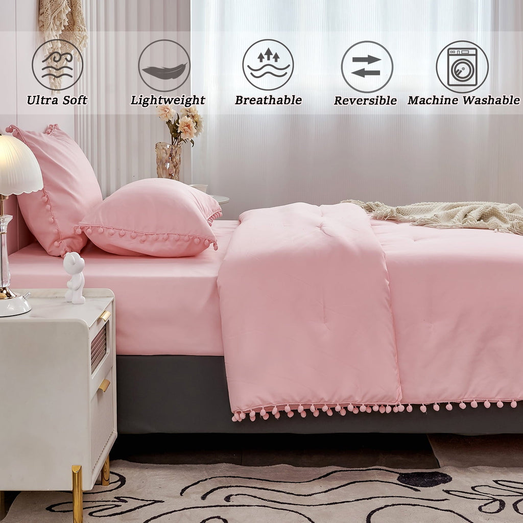 Hypoallergenic Cloud Pink Full Size Comforter Set Pom Fringe 3 Pcs Boho Chic Cute Ball Pom Blush Bedding Set Cali Soft Lightweight Solid B... - Hypoallergenic Ultra-Fluffy Quilt for Winter Detail