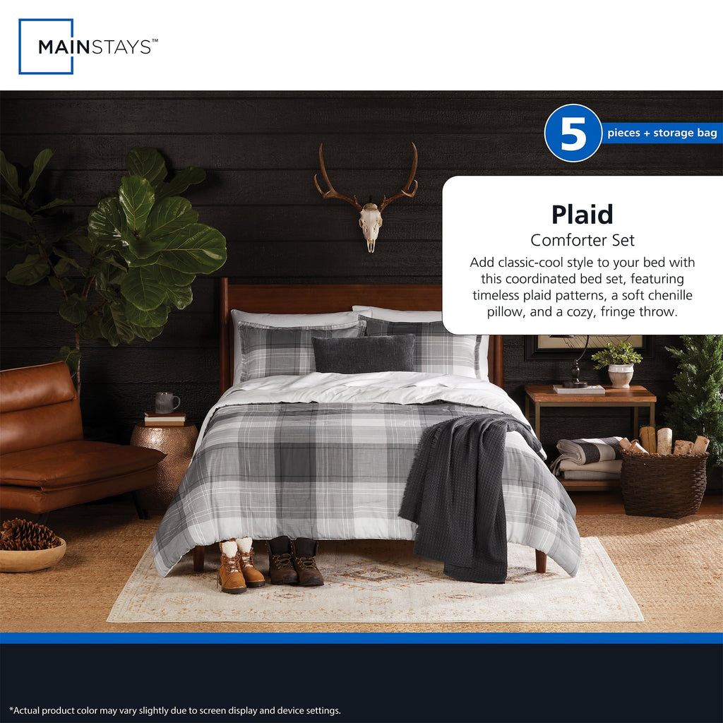 All-Season Full/Queen Comforter Set, All-Season, 5-Piece, Grey Plaid - Luxurious Quilted Duvet Cover Set Detail