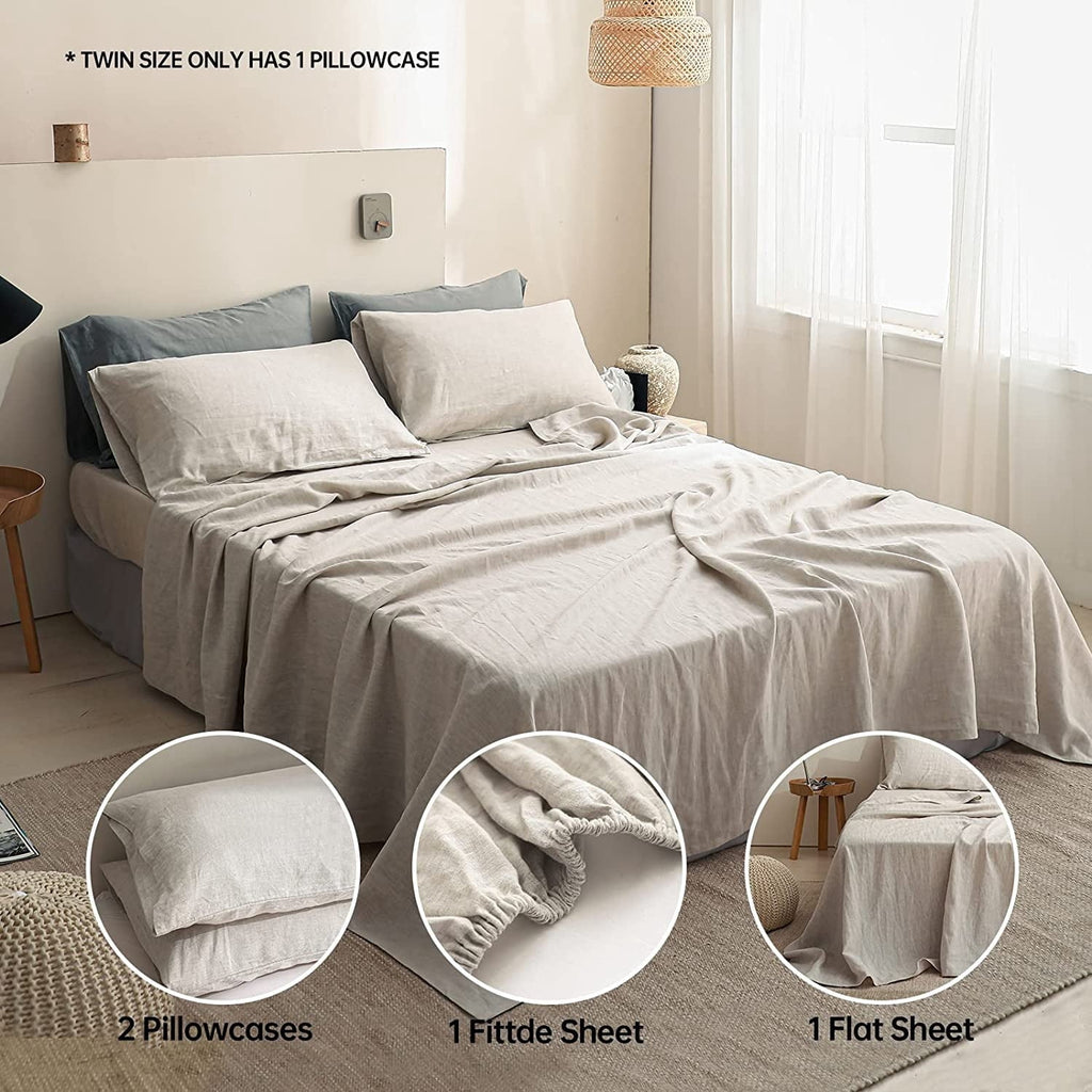 Breathable Luxury 100% Linen Sheet Set Solid Color-4 Pcs Washed French Linen Bed Sheets(1 Flat Sheet,1 Fitted Sheet,2 Pillowcases)-Brea... - Luxury Bed Sheet Set with Deep Pockets Detail