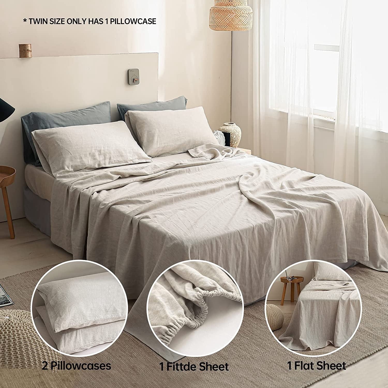 Breathable Luxury 100% Linen Sheet Set Solid Color-4 Pcs Washed French Linen Bed Sheets(1 Flat Sheet,1 Fitted Sheet,2 Pillowcases)-Brea... - Luxury Bed Sheet Set with Deep Pockets Detail