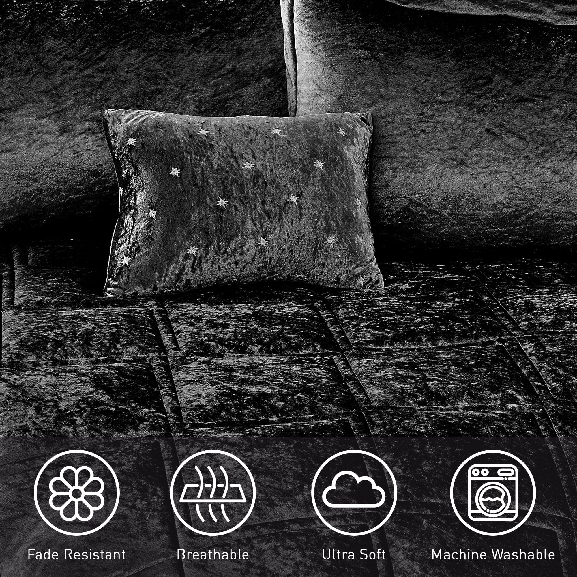Hypoallergenic Cloud King/Cal King Size Comforter Sets, Velvet Bedding Comforter Set for All Seasons, Black Bedding Set with Decor Pillow - All-Season Down Alternative Comforter Insert Detail