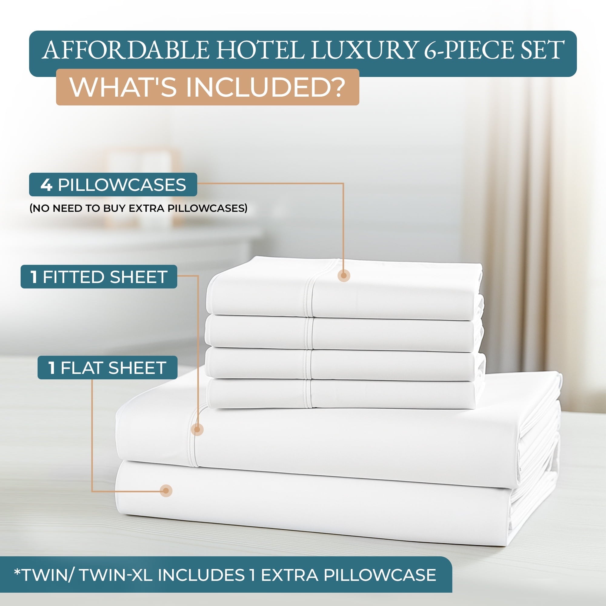 Ultra-Soft Bed Sheets Set – 6 Piece, 600 Thread Count, 100% Cotton Sheets, Hotel Luxury Sateen Finish, 15" Deep Pocket, Easy to ... - Breathable Egyptian Cotton Flat & Fitted Sheets Detail