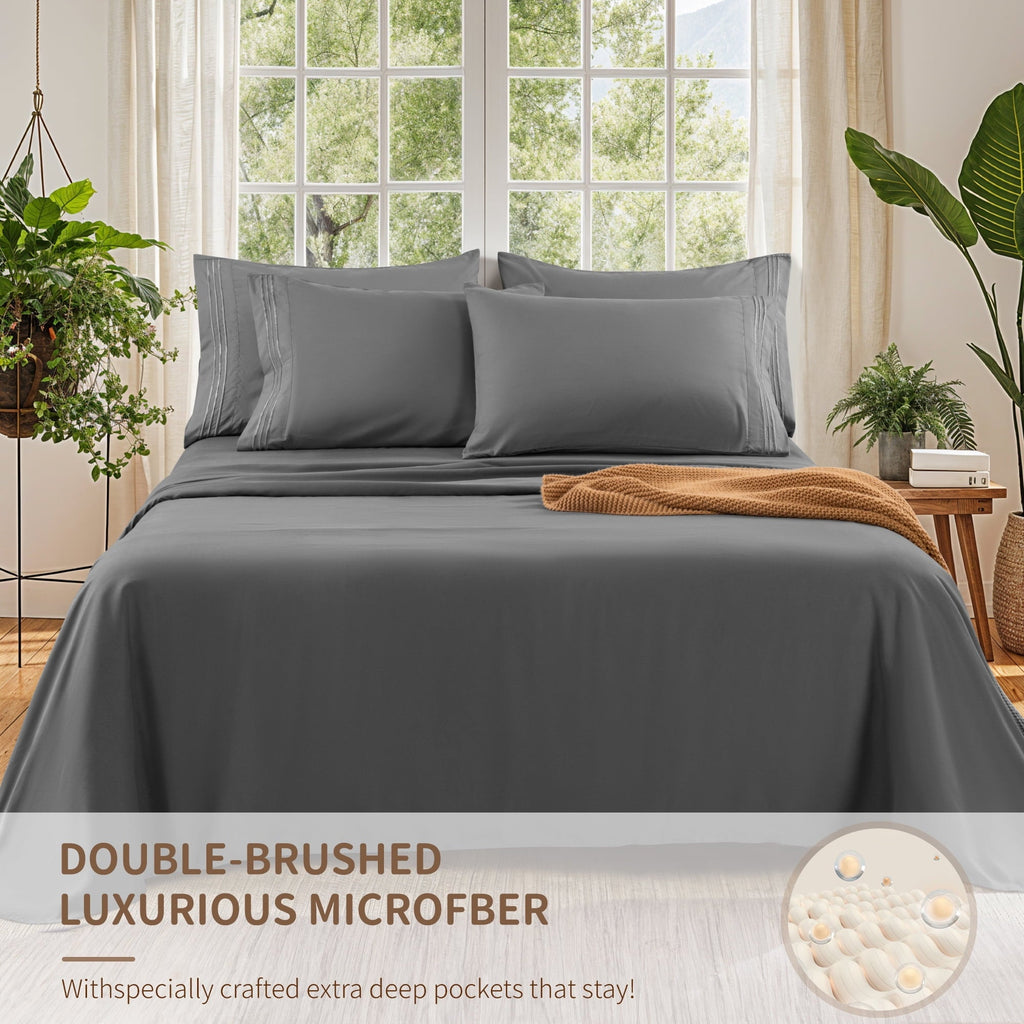 Cooling Sateen 6 Pieces Bed Sheet Set, 1800 Series Soft Microfiber Queen Sheets with 16" Deep Pocket, Dark Gray - Premium Ultra-Soft Pillowcase Pair for Sleeping Detail
