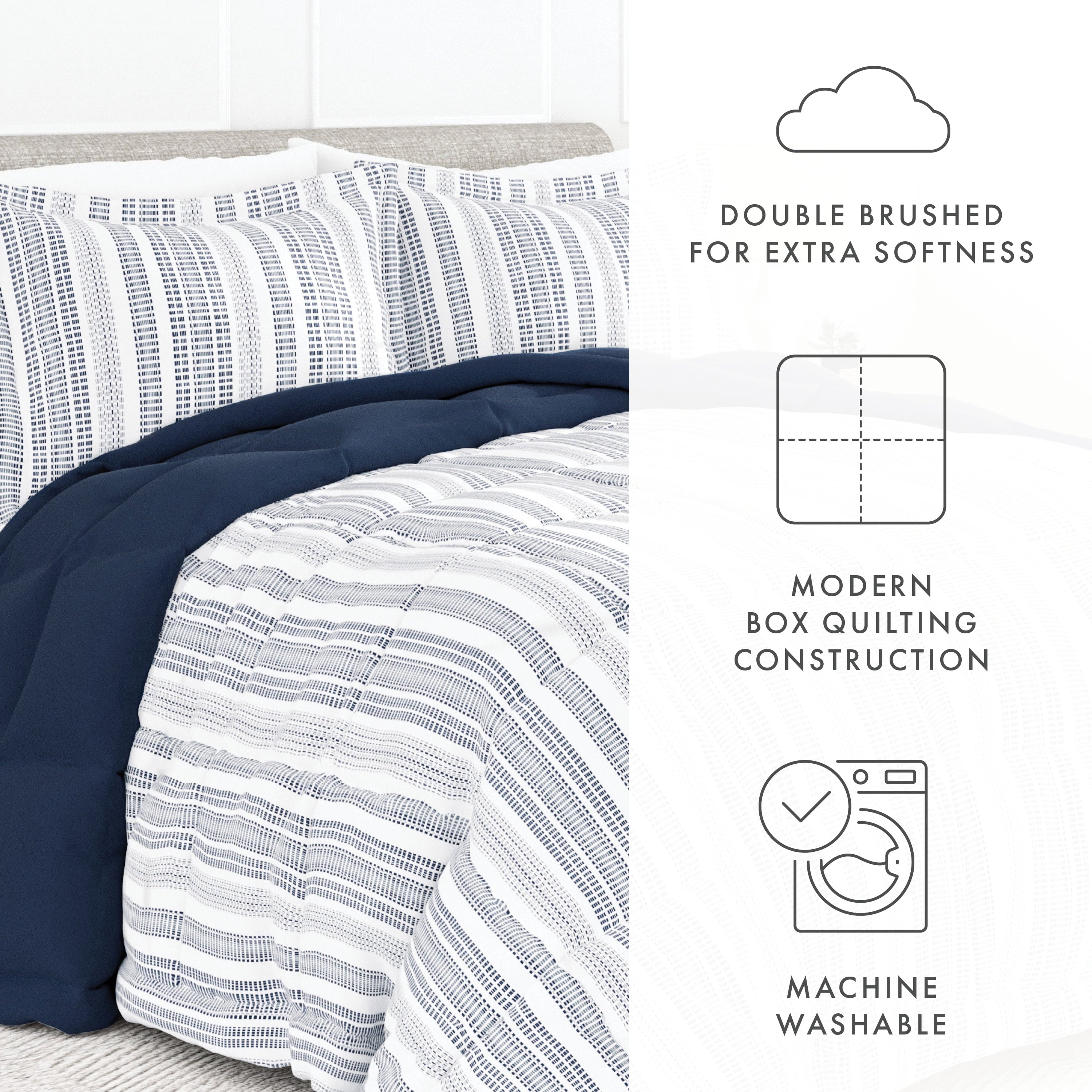 Hypoallergenic Cloud 2-Piece Navy Farmhouse Dreams ReversiblePrint Comforter Set, Twin/TwinXL - Cloud-Like Soft Lightweight Bed Comforter Detail