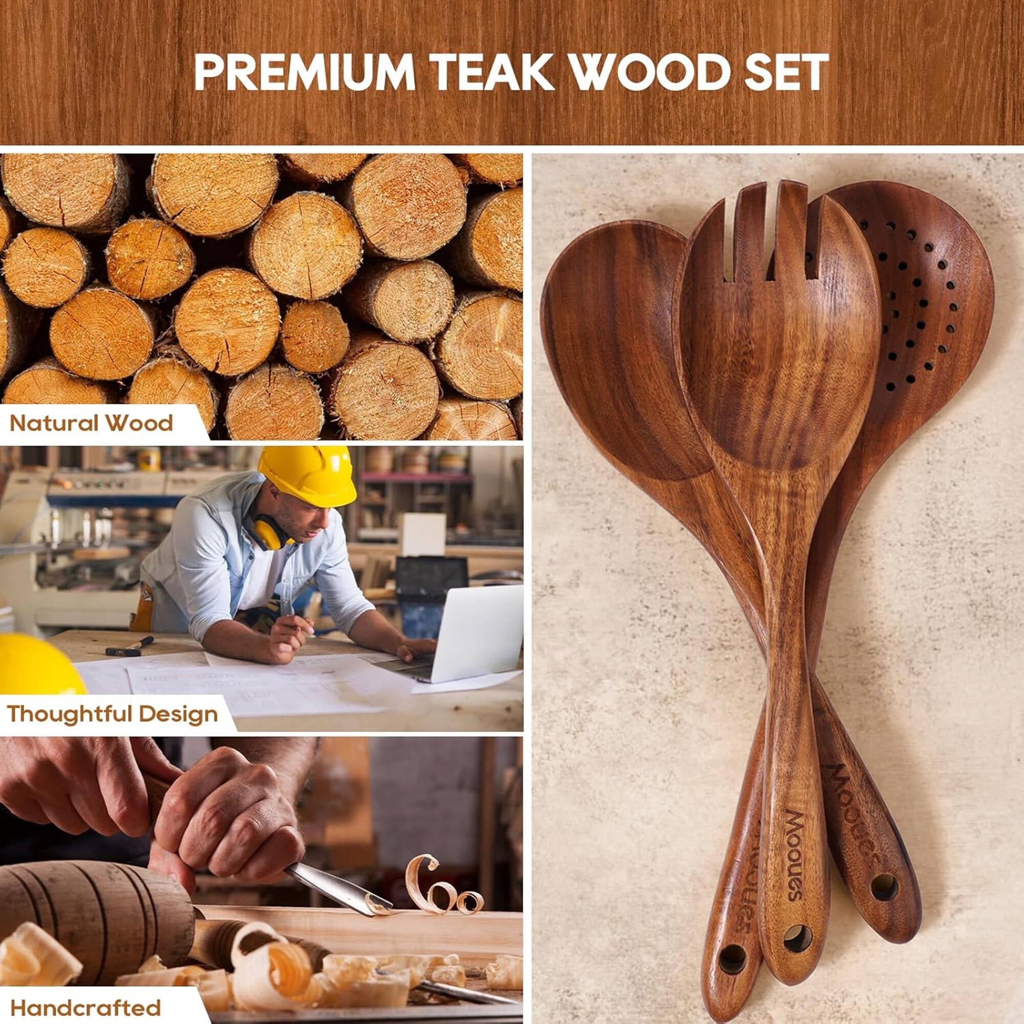 Non-Stick Safe 6-Piece Natural Teak Wooden Spoons for Cooking With 10 Hooks，Handcrafted Kitchen Utensils Set ，Ideal Gift Set - Ergonomic Kitchen Tongs and Cooking Spoon Utensil Detail