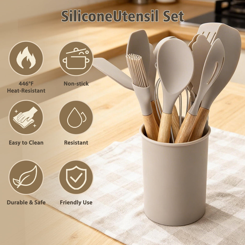 Seamless One-Piece Silicone Cooking Utensils Set, Heat Resistant Kitchen Tools, 36 PCS Non-Stick Silicone Cooking Kitchen Utensils, Khaki - Ergonomic Kitchen Tongs and Cooking Spoon Utensil Detail