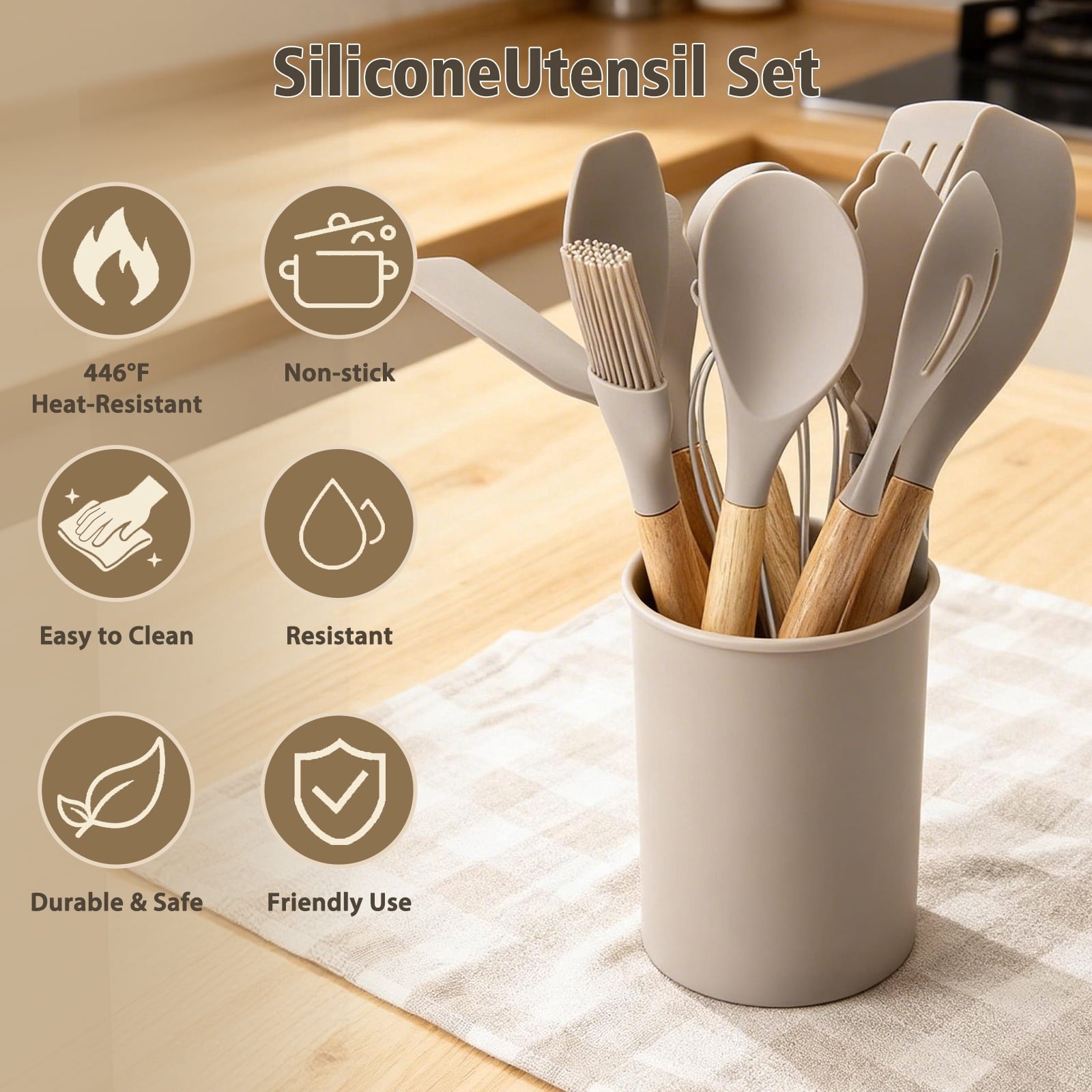 Seamless One-Piece Silicone Cooking Utensils Set, Heat Resistant Kitchen Tools, 36 PCS Non-Stick Silicone Cooking Kitchen Utensils, Khaki - Ergonomic Kitchen Tongs and Cooking Spoon Utensil Detail