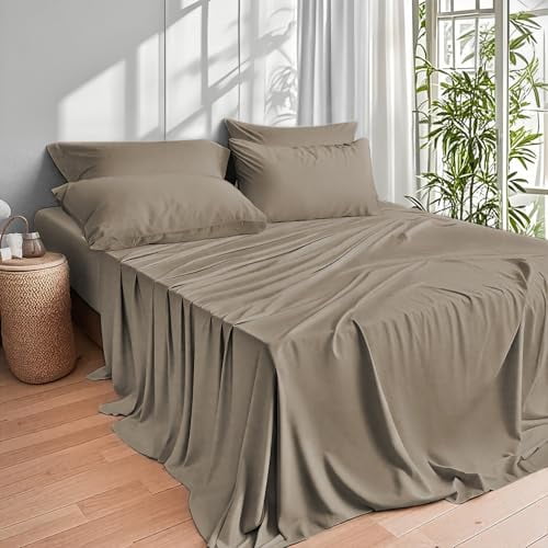 Wrinkle-Resistant Home 4-Piece Queen Bamboo Bed Sheet Set, 100% Organic Cooling Fabric, 16" Deep Pocket, Taupe - Cooling Hotel Quality Bedding Sheets and Pillowcases Detail