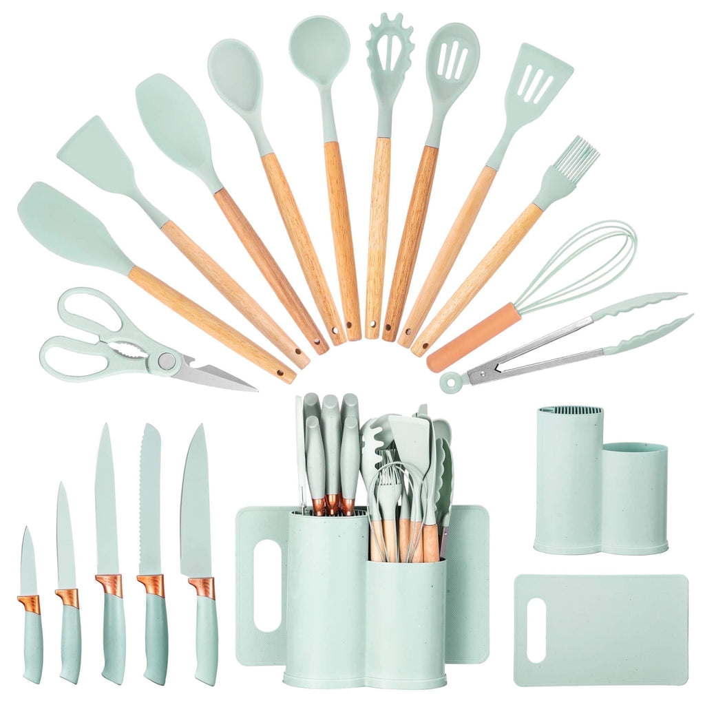 Heat-Resistant 19pcs Silicone Kitchen Utensil Set, Heat-Resistant Non-Stick Easy Cooking Cleaning Home Light-Green - Ergonomic Kitchen Tongs and Cooking Spoon Utensil - Default Title