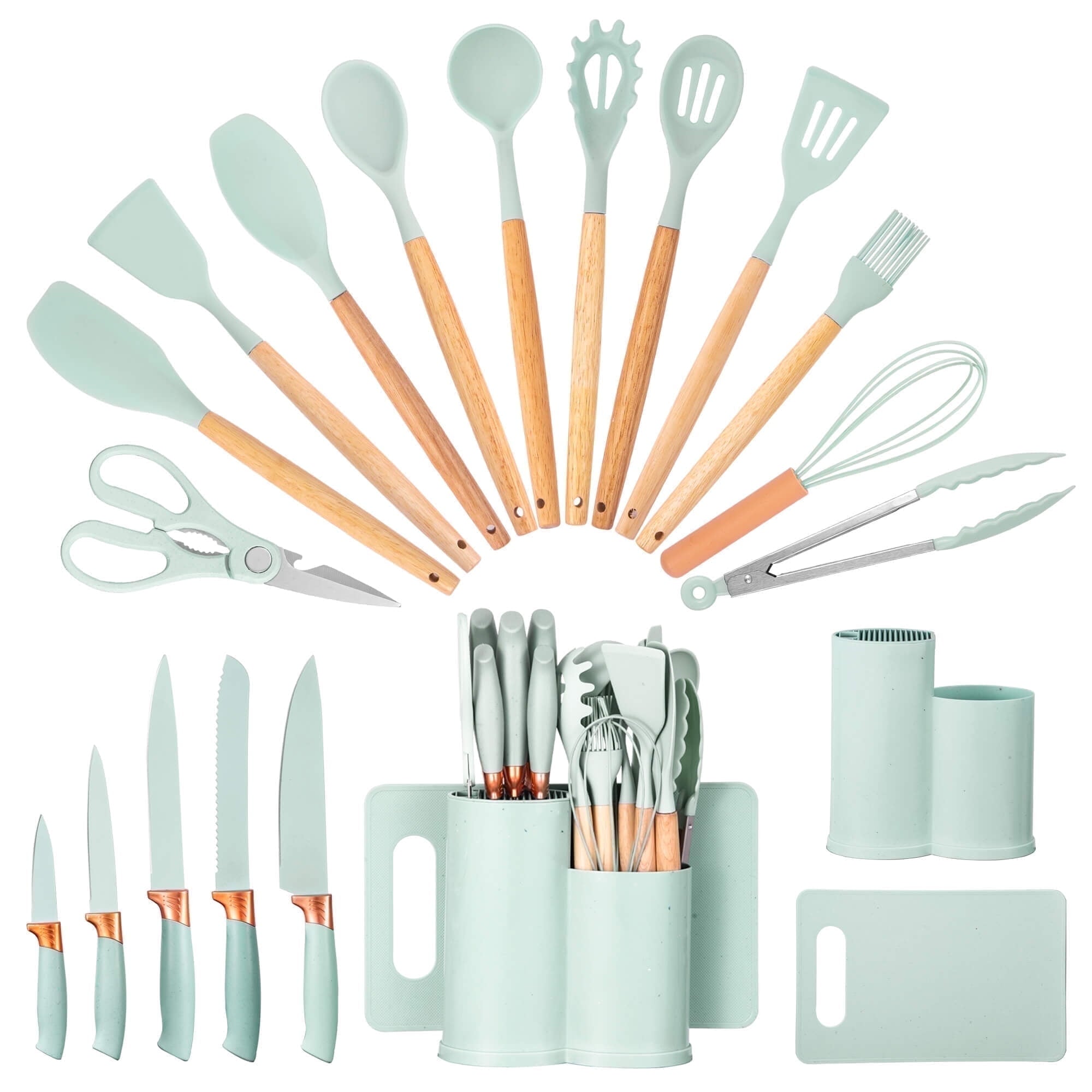 Heat-Resistant 19pcs Silicone Kitchen Utensil Set, Heat-Resistant Non-Stick Easy Cooking Cleaning Home Light-Green - Ergonomic Kitchen Tongs and Cooking Spoon Utensil - Default Title