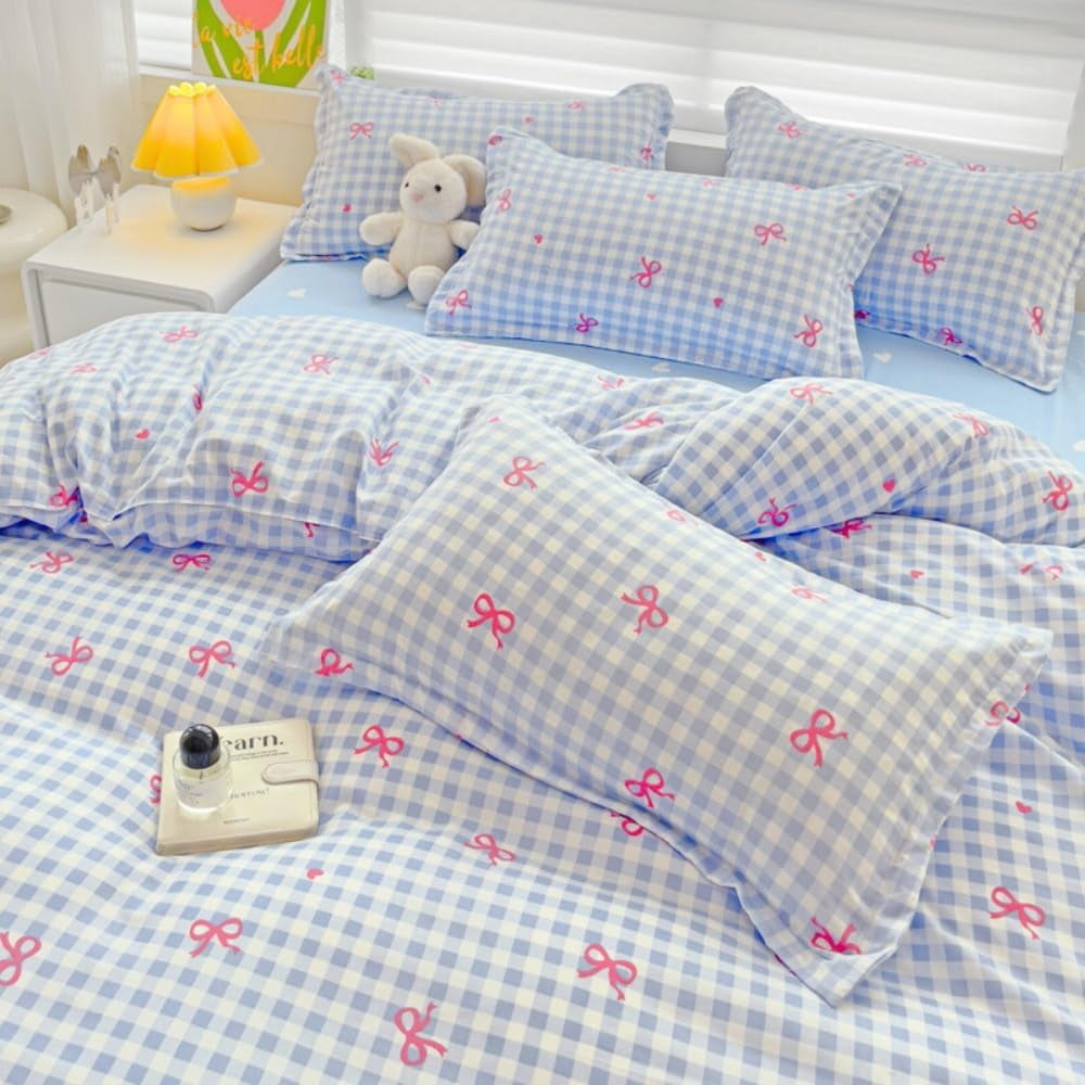 Hypoallergenic Cloud 3-Piece Blue Plaid Pink Bows Comforter Full Set , Cute Soft Bedding Set for Kids Adults - Luxurious Quilted Duvet Cover Set Detail