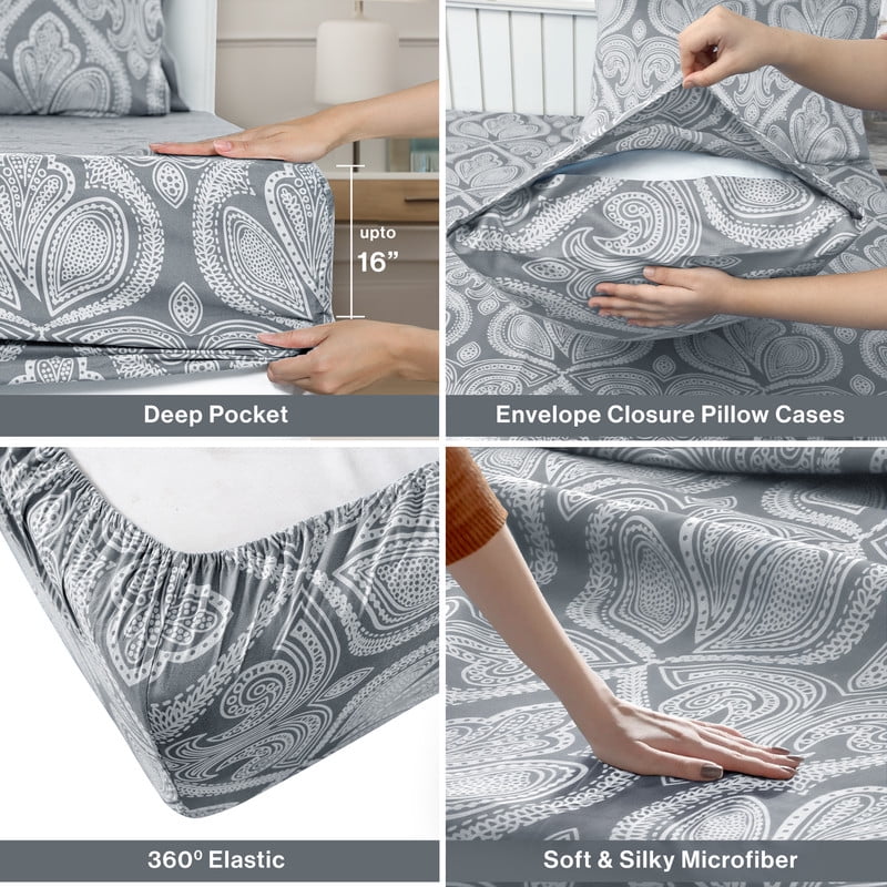 Premium Egyptian Cotton Lux Decor 4 Piece Queen Sheet Set, Brushed Microfiber Paisley Printed Bed Sheet Set with up to 16" Deep Pocket Fitted... - Luxury Bed Sheet Set with Deep Pockets Detail