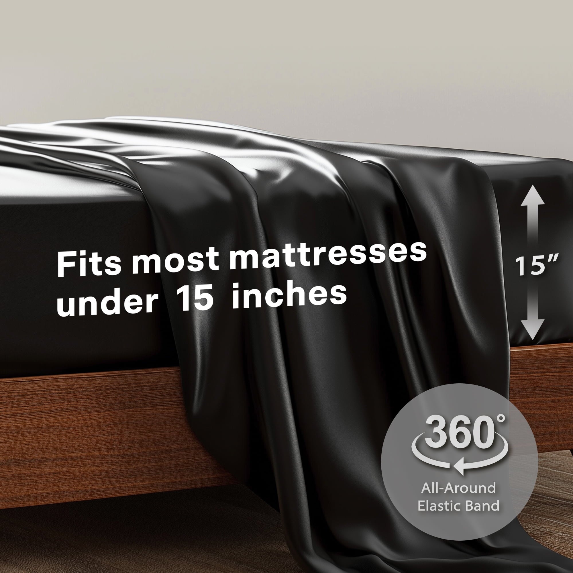 Cooling Sateen Queen Silk Black Bed Sheet Set,4 Pieces 1800 Microfiber 2 Pillowcase 20"x30" - Premium Ultra-Soft Pillowcase Pair for Sleeping Detail