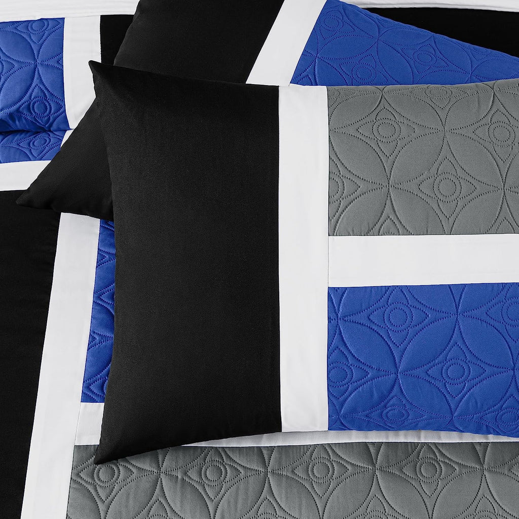 Heavyweight Warmth Bernard 7-Piece Full Bed in a Bag Comforter Set with Sheets, Lightweight Comforter Blue Black Gray Patchwork Quilted ... - Hypoallergenic Ultra-Fluffy Quilt for Winter Detail